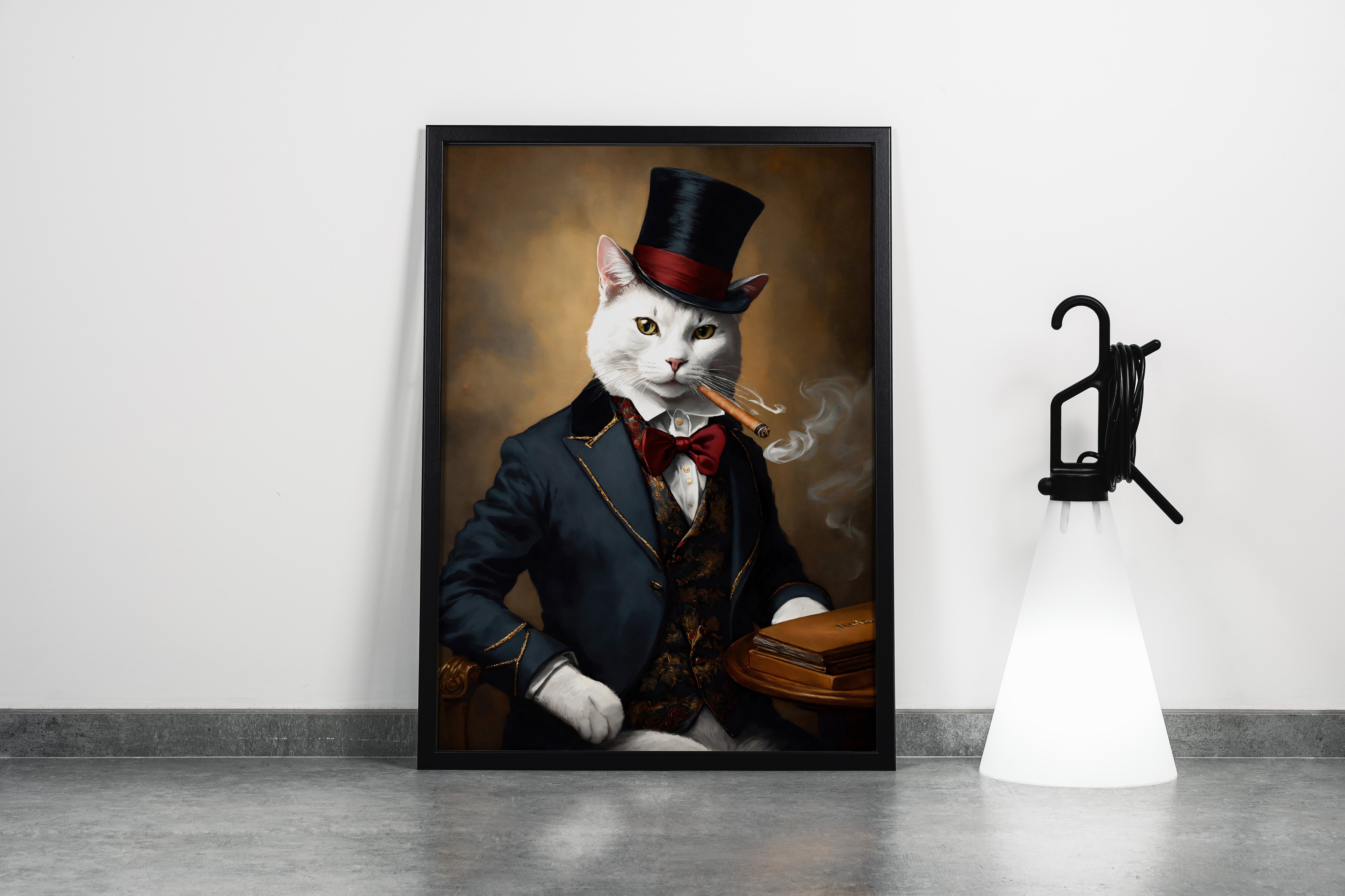 cat in a hat smoking a cigar, smoke, pet, art, kanvas tablo
