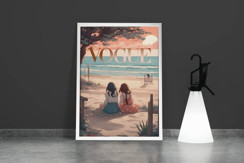ai creation vogue, anime, beauty, sitting on the beach, art, kanvas tablo
