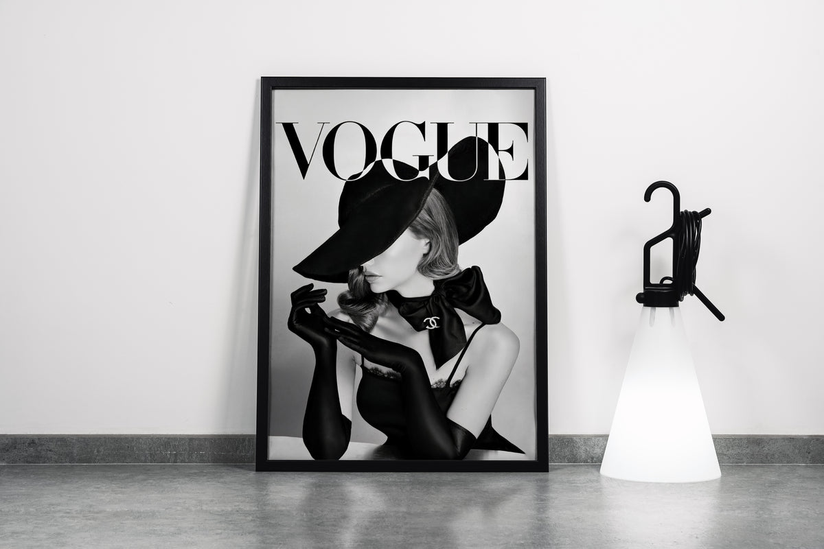 an elegant, mysterious woman in a big hat and gloves on a vogue cover, art, kanvas tablo
