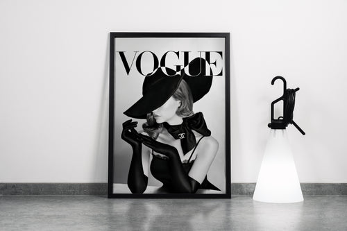 an elegant, mysterious woman in a big hat and gloves on a vogue cover, art, kanvas tablo