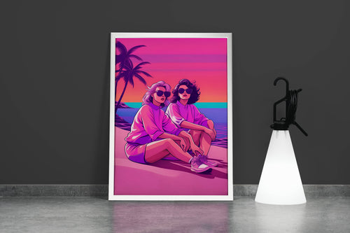 retrowave vogue, pop art, palm, sunshine, sitting on the beach, art, kanvas tablo