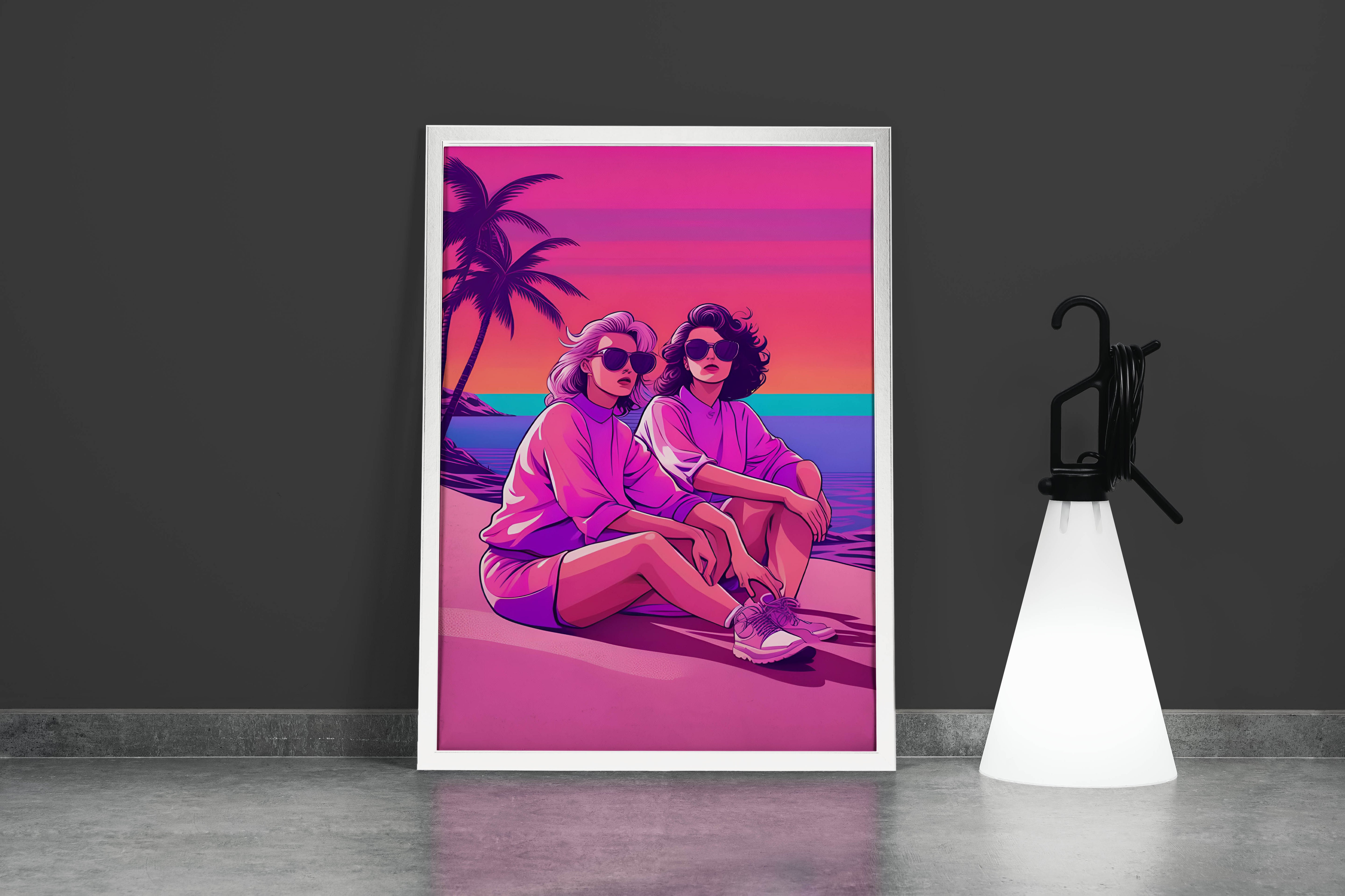 retrowave vogue, pop art, palm, sunshine, sitting on the beach, art, kanvas tablo
