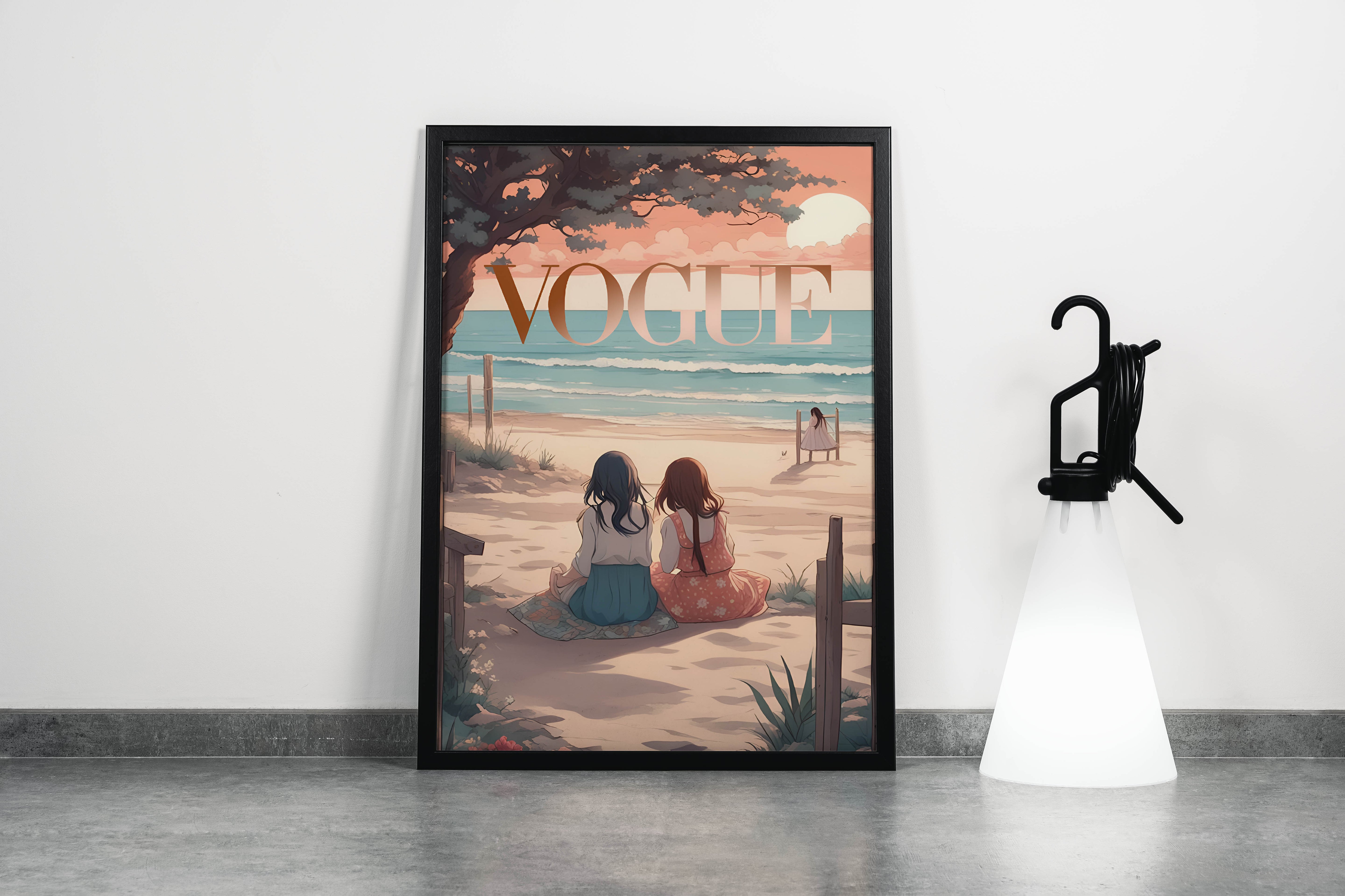 ai creation vogue, anime, beauty, sitting on the beach, art, kanvas tablo