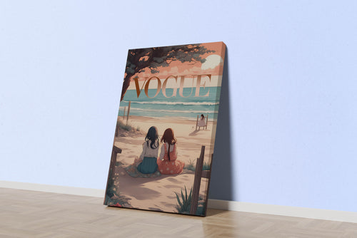 ai creation vogue, anime, beauty, sitting on the beach, art, kanvas tablo