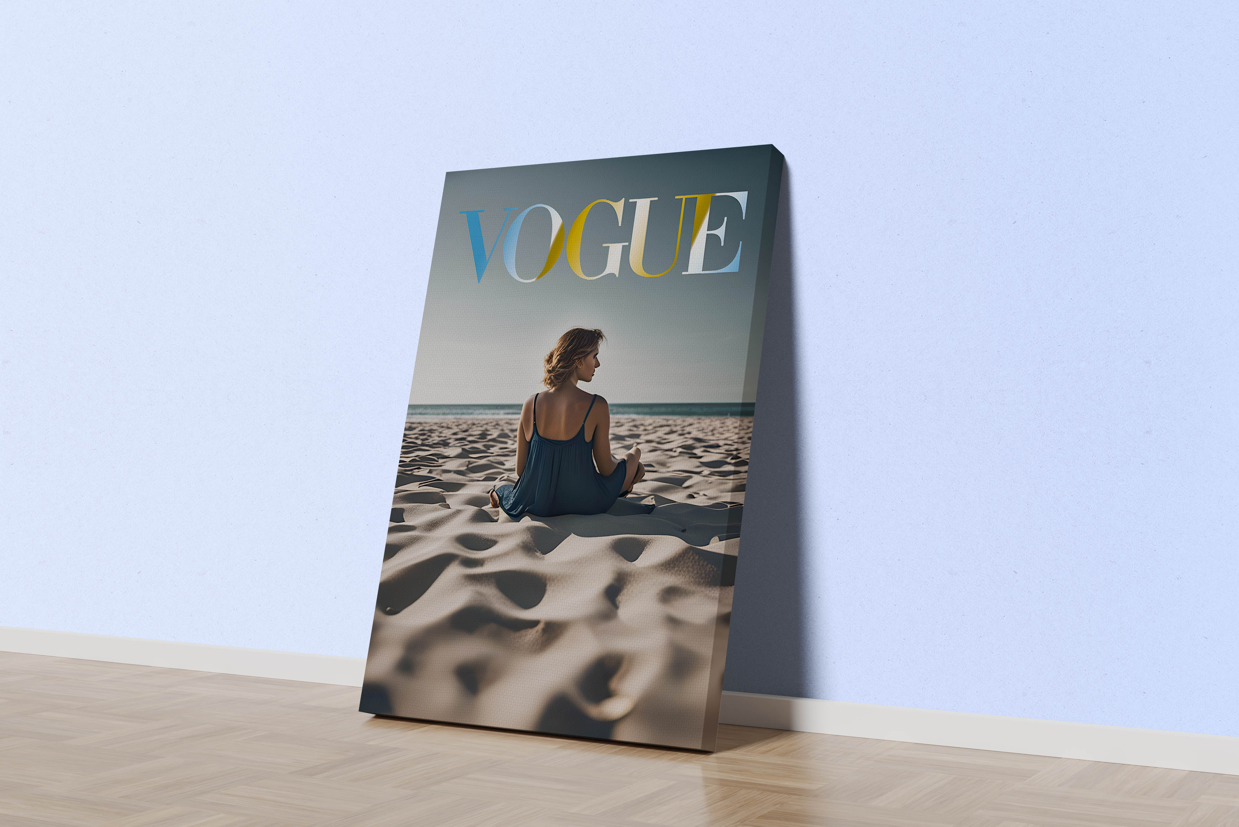 ai creation vogue, beauty, sitting on the beach, art, kanvas tablo