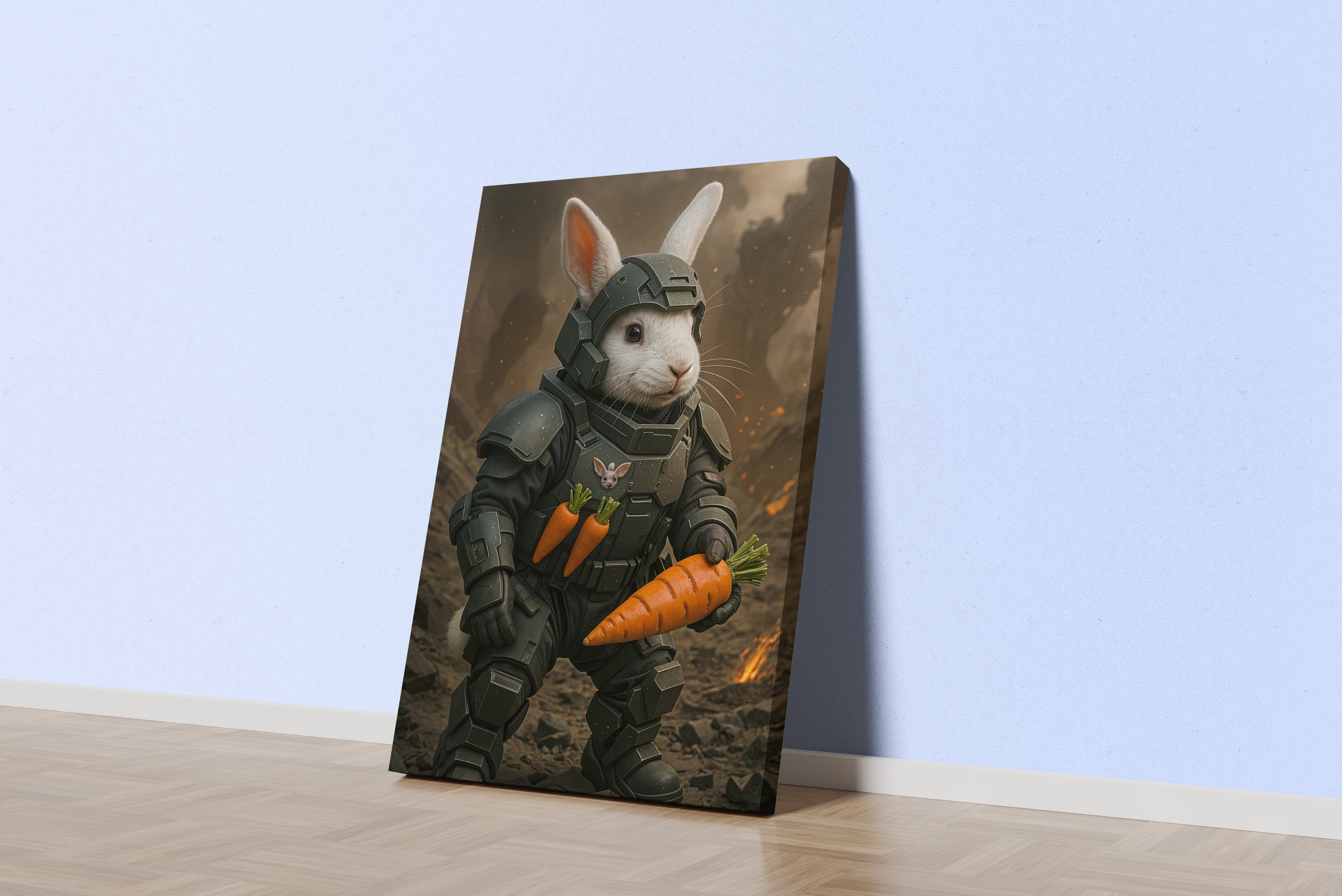 ai creation, carrot armed rabbit fighter, ai art, art, kanvas tablo