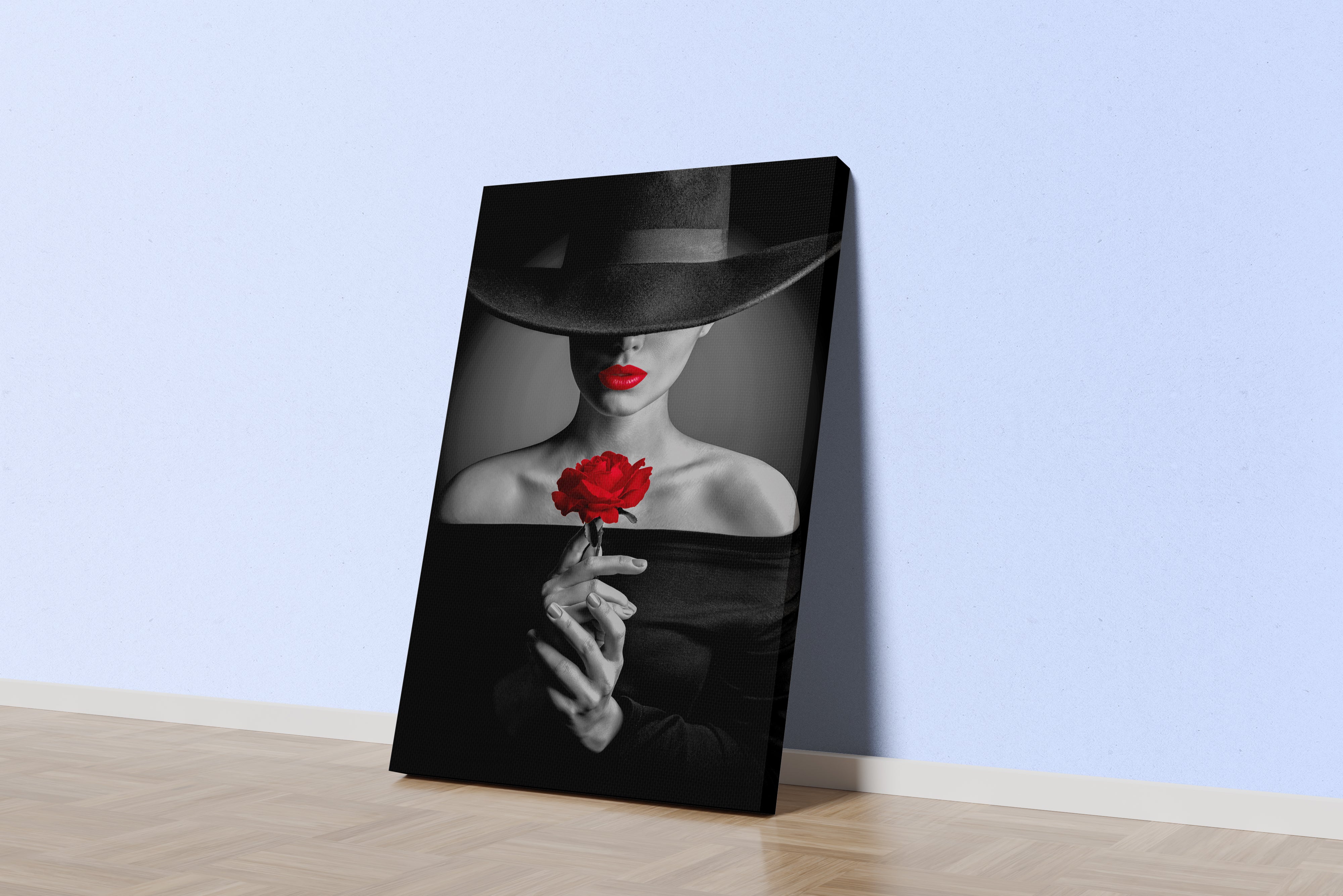 a black and white photo of a mysterious woman with a red rose and lips, art, kanvas tablo