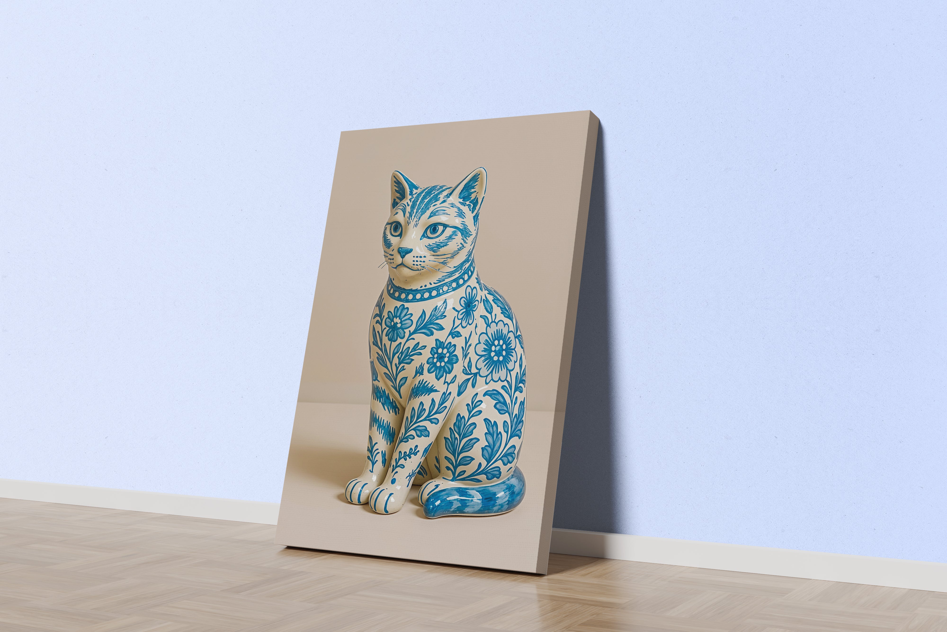 ai creation, porcelain coated cat, floral motif in soft blue tones, ai art, art, kanvas tablo