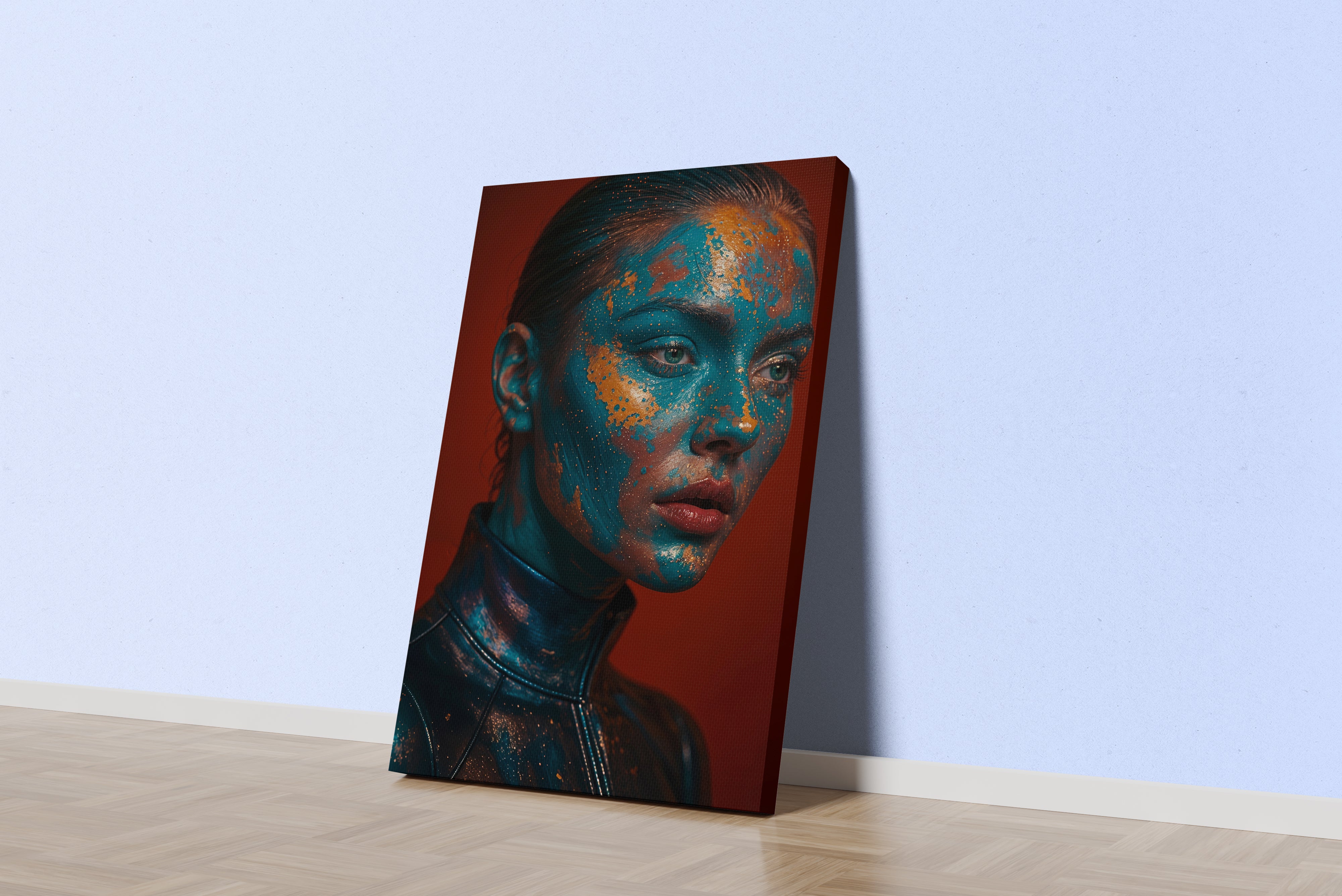 ai creation, a womans face with turquoise and gold artistic paint, ai art, art, kanvas tablo