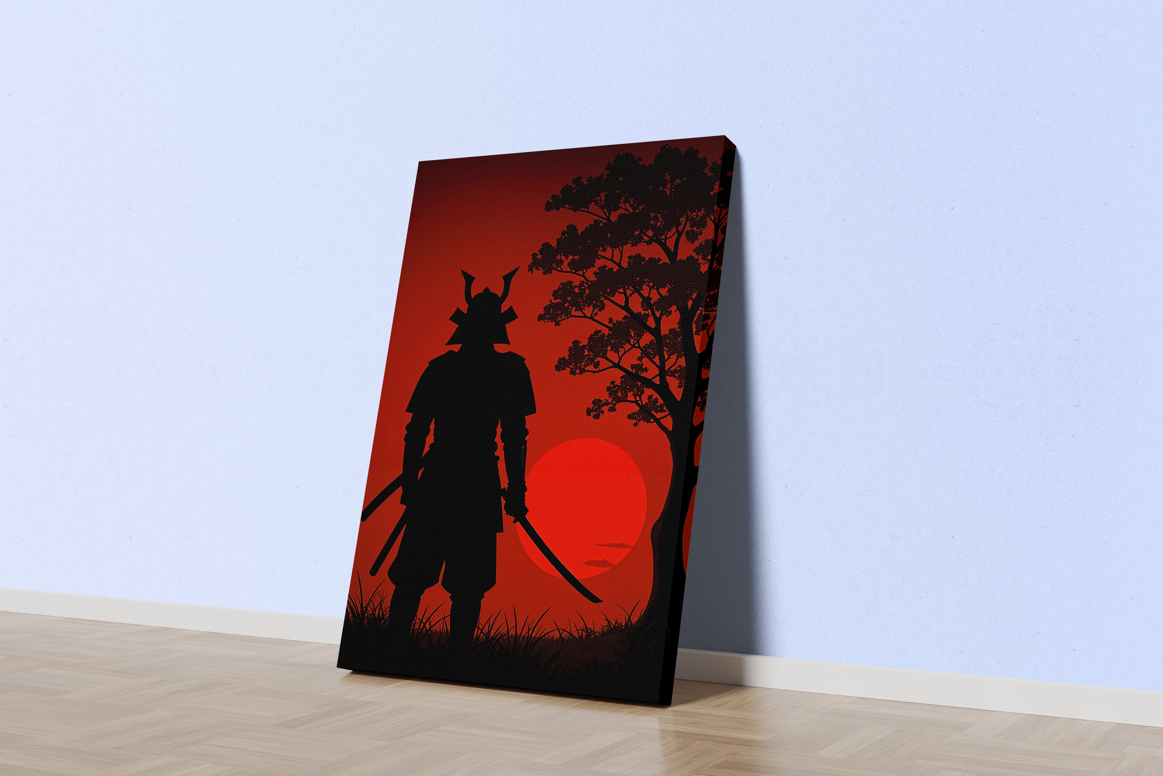 ai creation, samurai watching the sunset, sunset in red tones, ai art, art, kanvas tablo