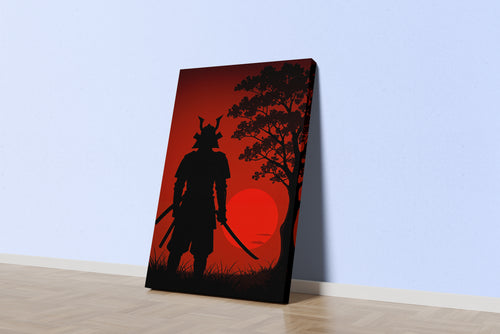ai creation, samurai watching the sunset, sunset in red tones, ai art, art, kanvas tablo