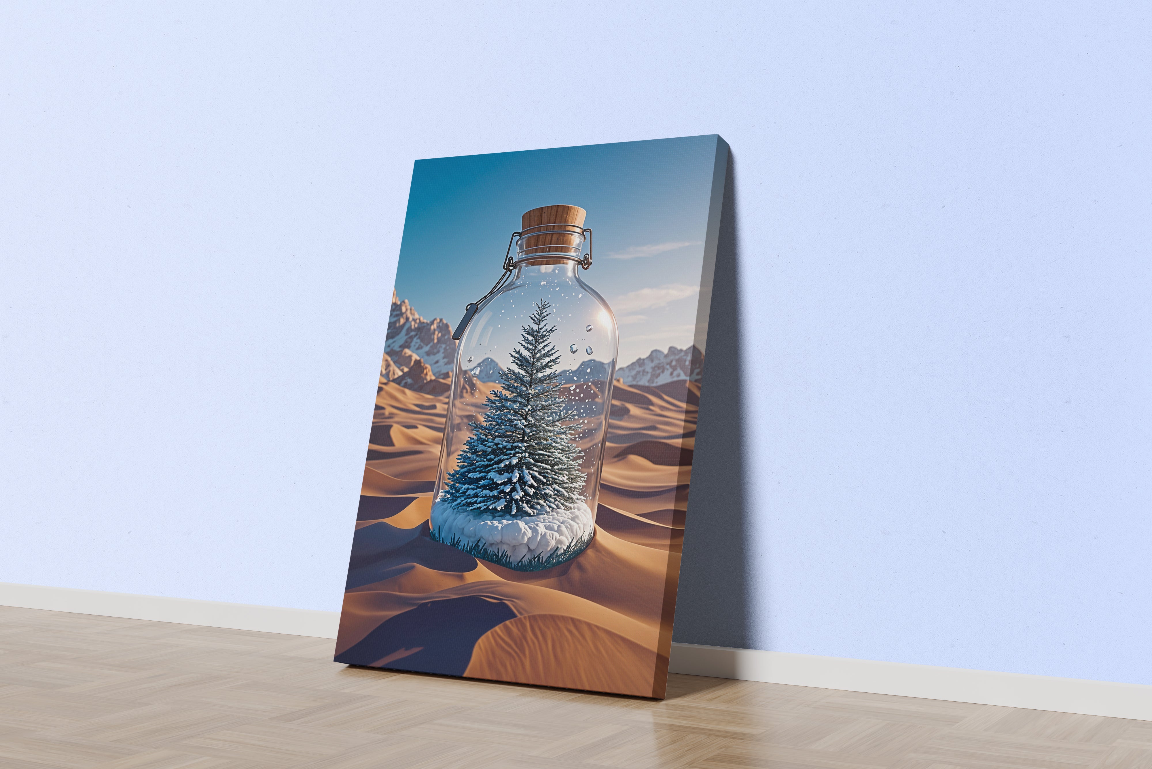 ai creation, tree standing on snow in the desert, stuck in a bottle, ai art, art, kanvas tablo