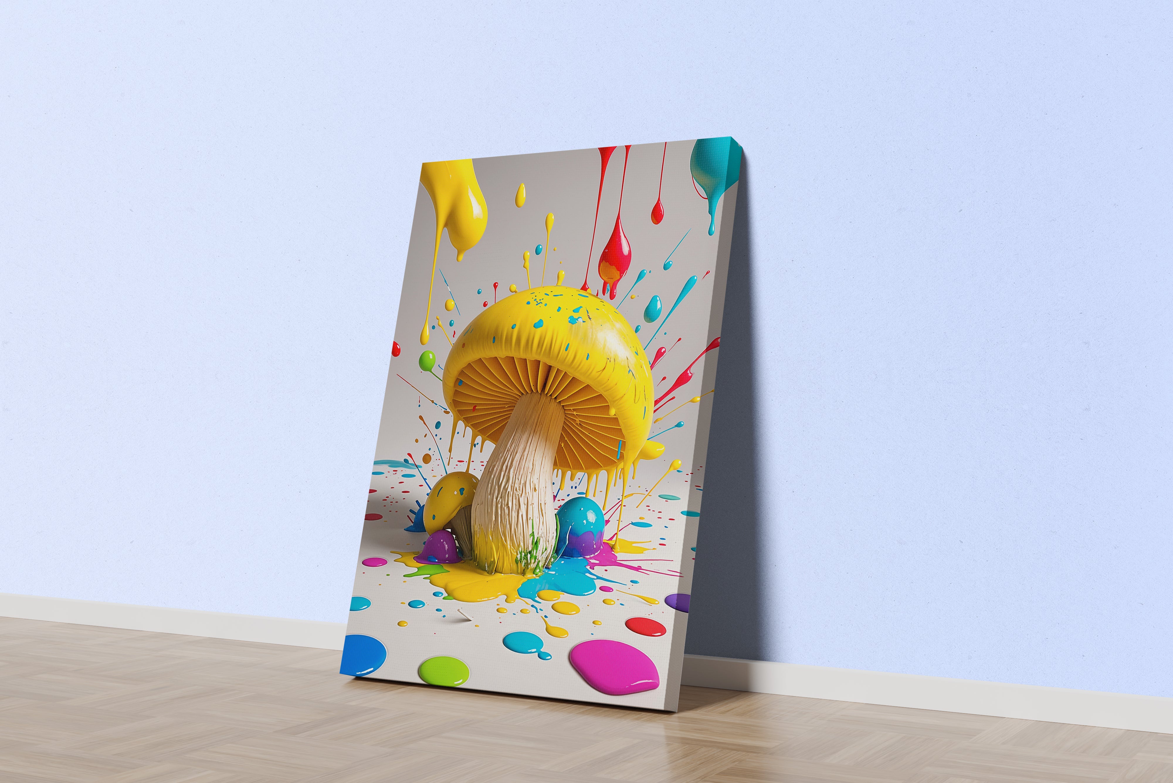 ai creation, giant yellow mushroom and large drops of paint falling from the air, ai art, art, kanvas tablo