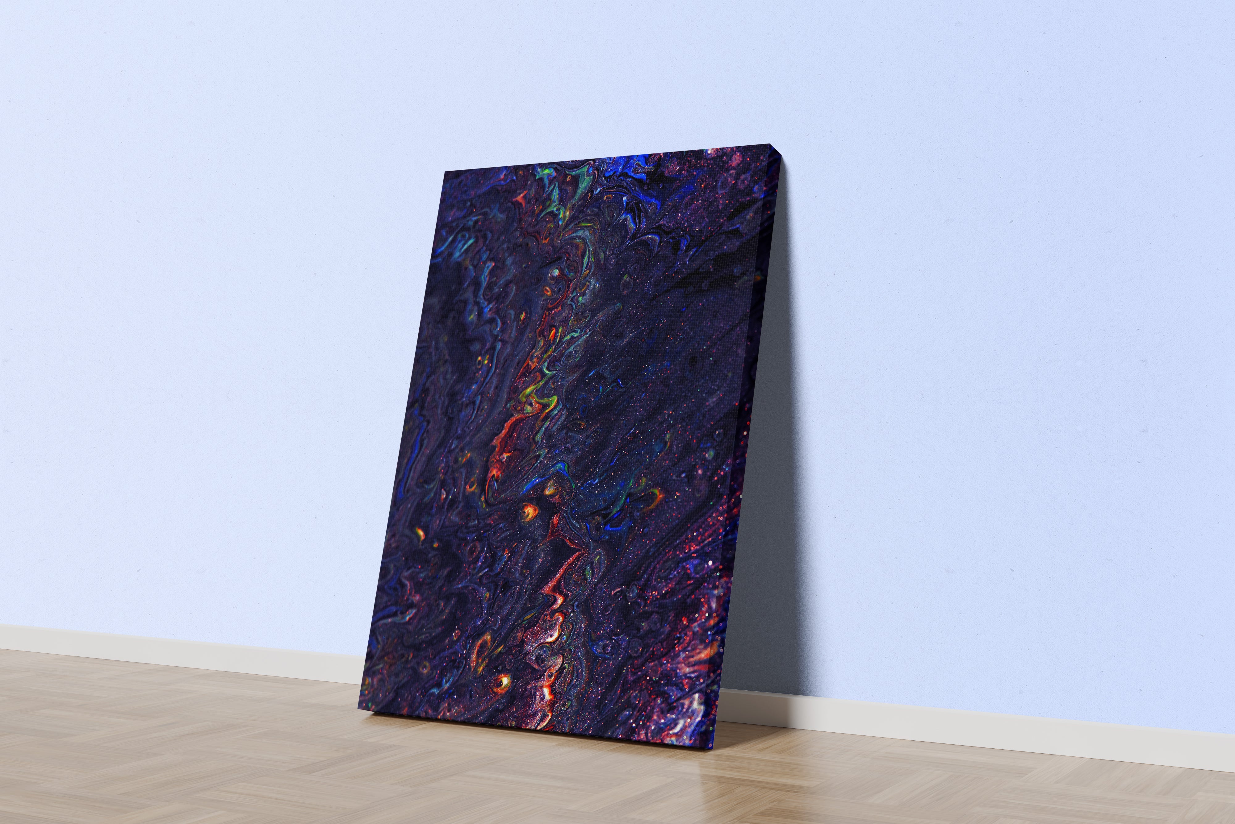 a dark, glittering abstract piece resembling a psychedelic journey through a colorful deep nebula, abstract, art, kanvas tablo