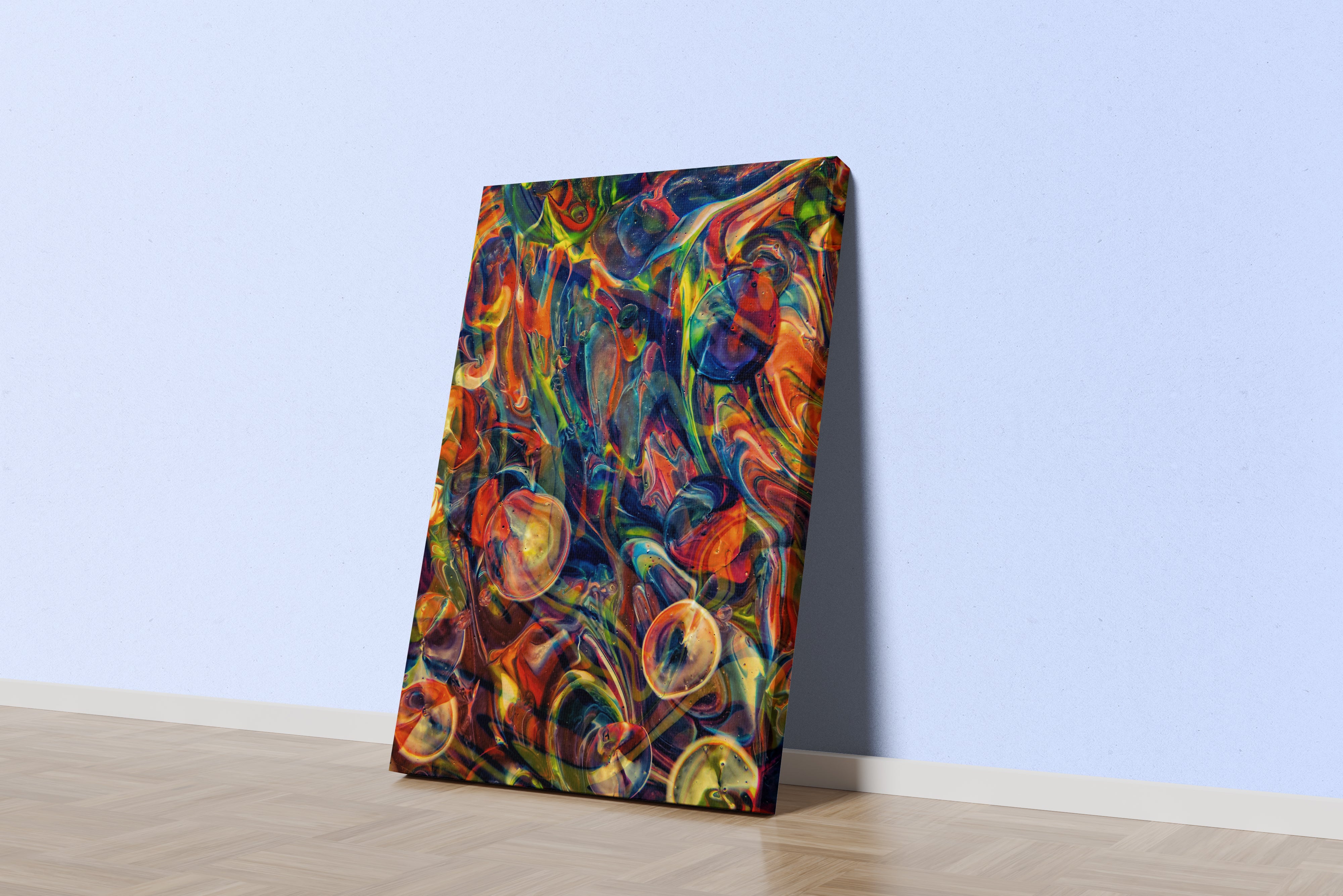 a vibrant and chaotic psychedelic abstract artwork with colorful swirls and bubble-like shapes, abstract, art, kanvas tablo