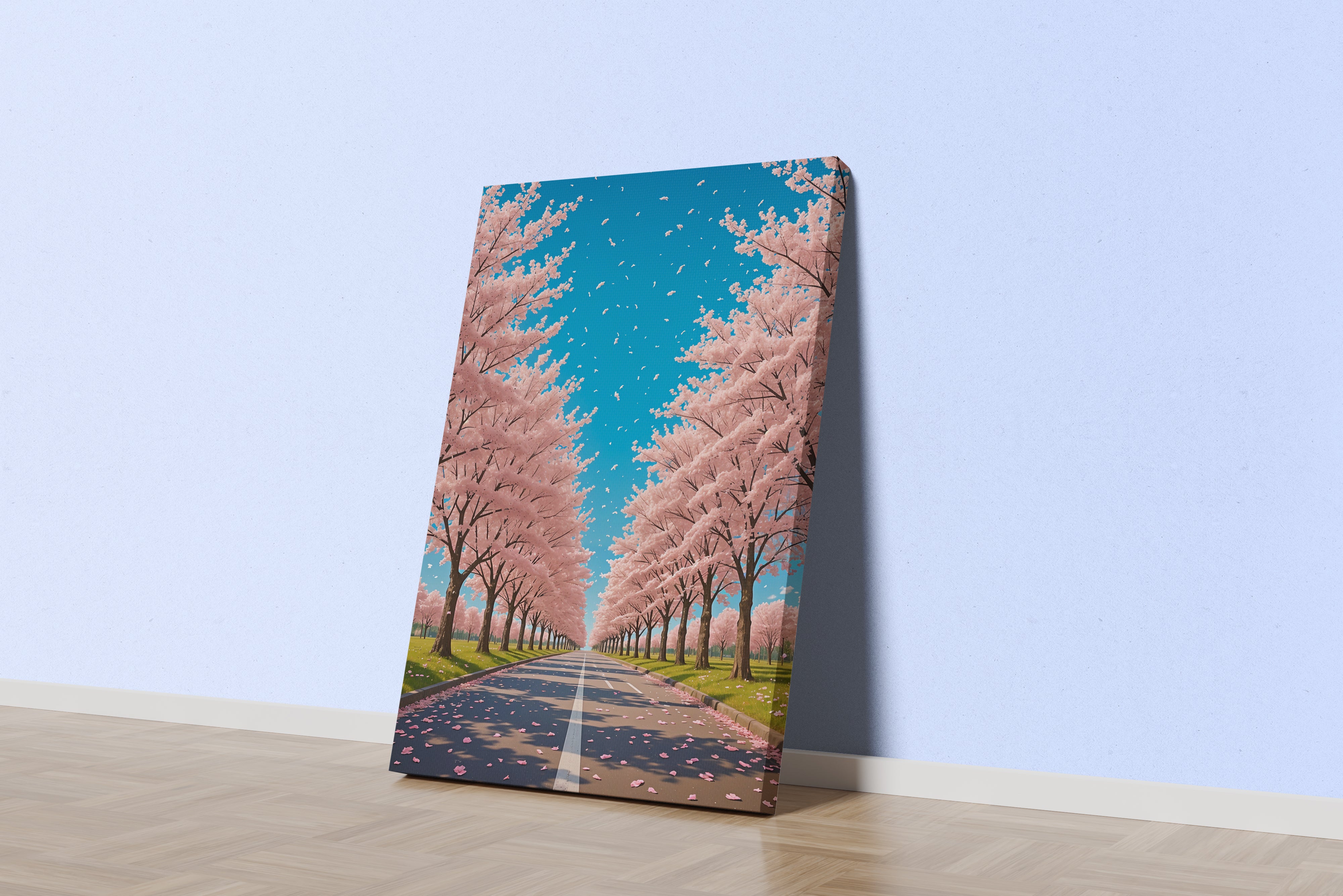 ai creation, a road decorated with soft pink trees, ai art, art, kanvas tablo