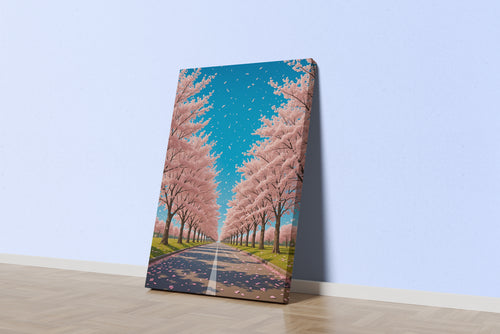 ai creation, a road decorated with soft pink trees, ai art, art, kanvas tablo