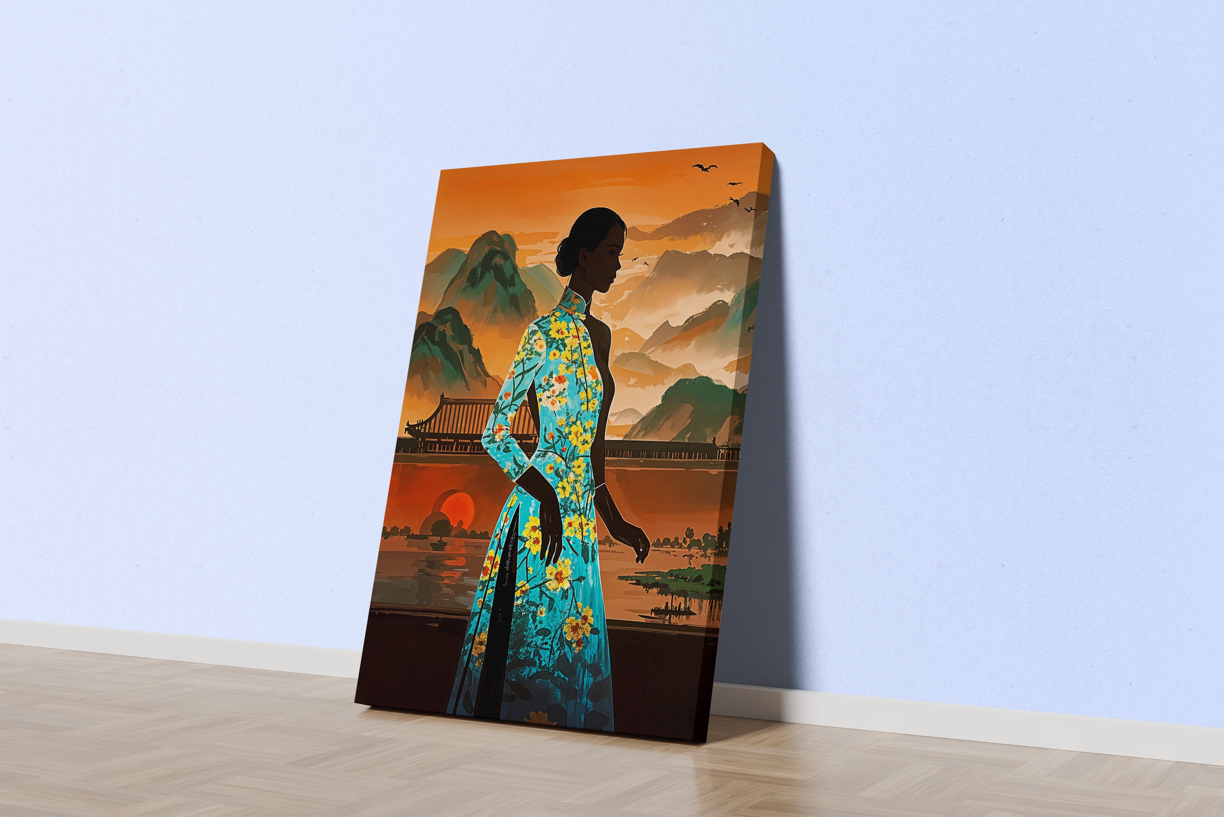 ai creation, asian flowers and asian women in the middle of sunset, ai art, art, kanvas tablo