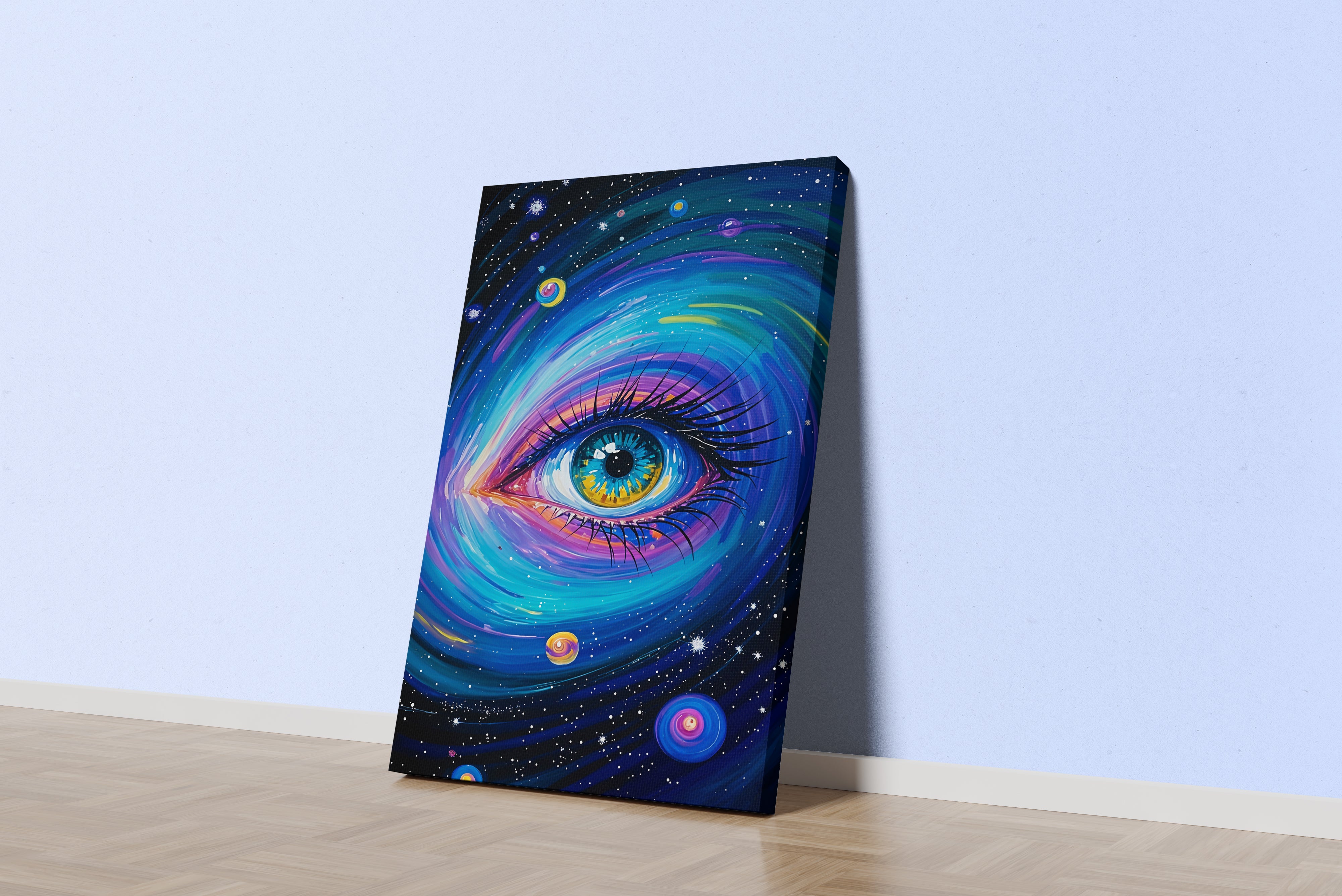 ai creation, a colorful eye in the middle of the planets, ai art, art, kanvas tablo