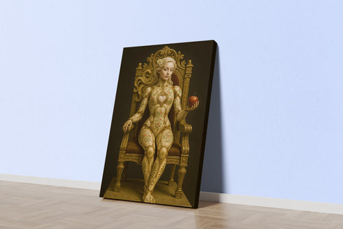 ai creation, a porcelain automaton eve on a gold throne holding a red apple, ai art, art, kanvas tablo