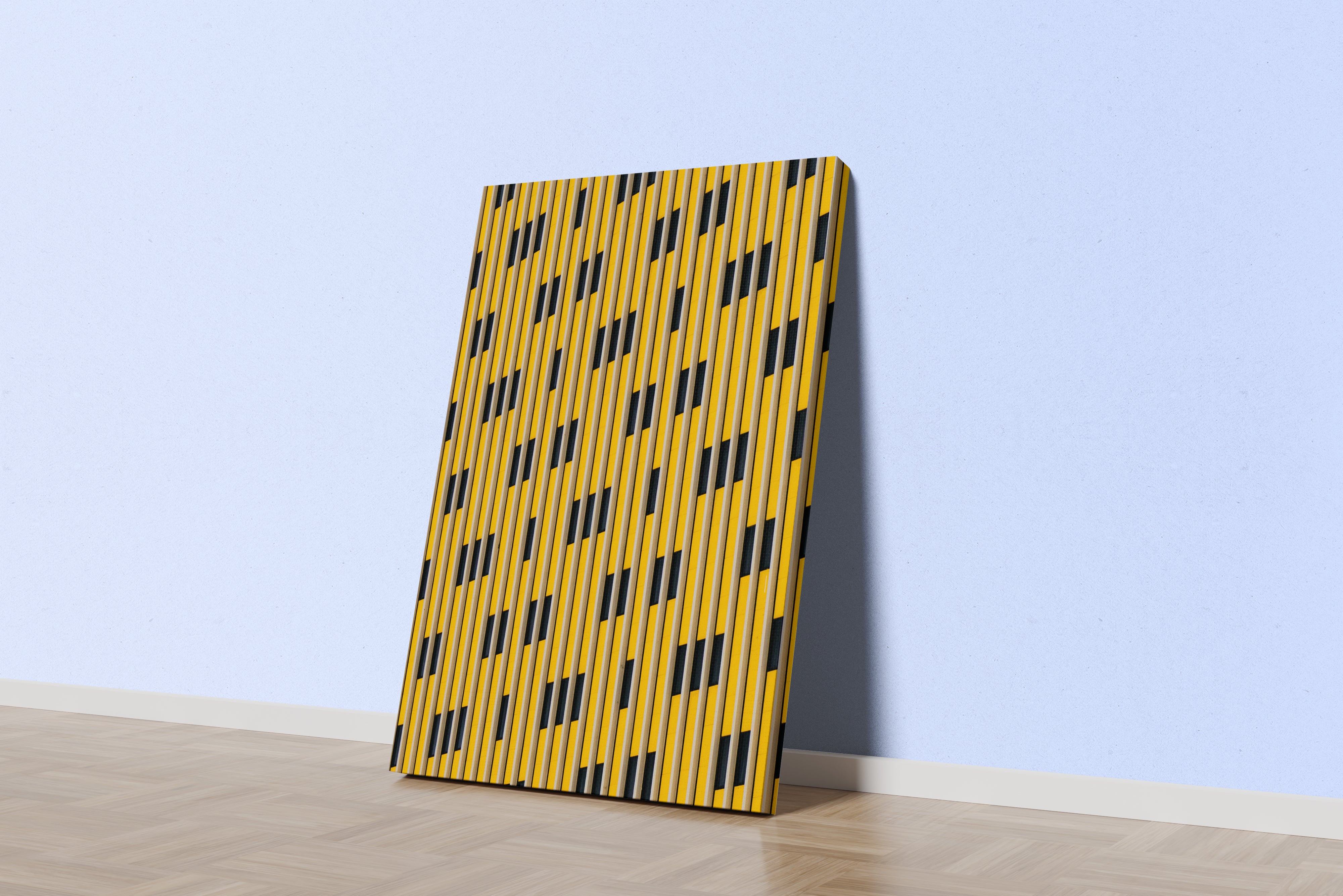 a striking architectural pattern of yellow and black vertical lines creating a rhythmic facade, abstract, art, kanvas tablo