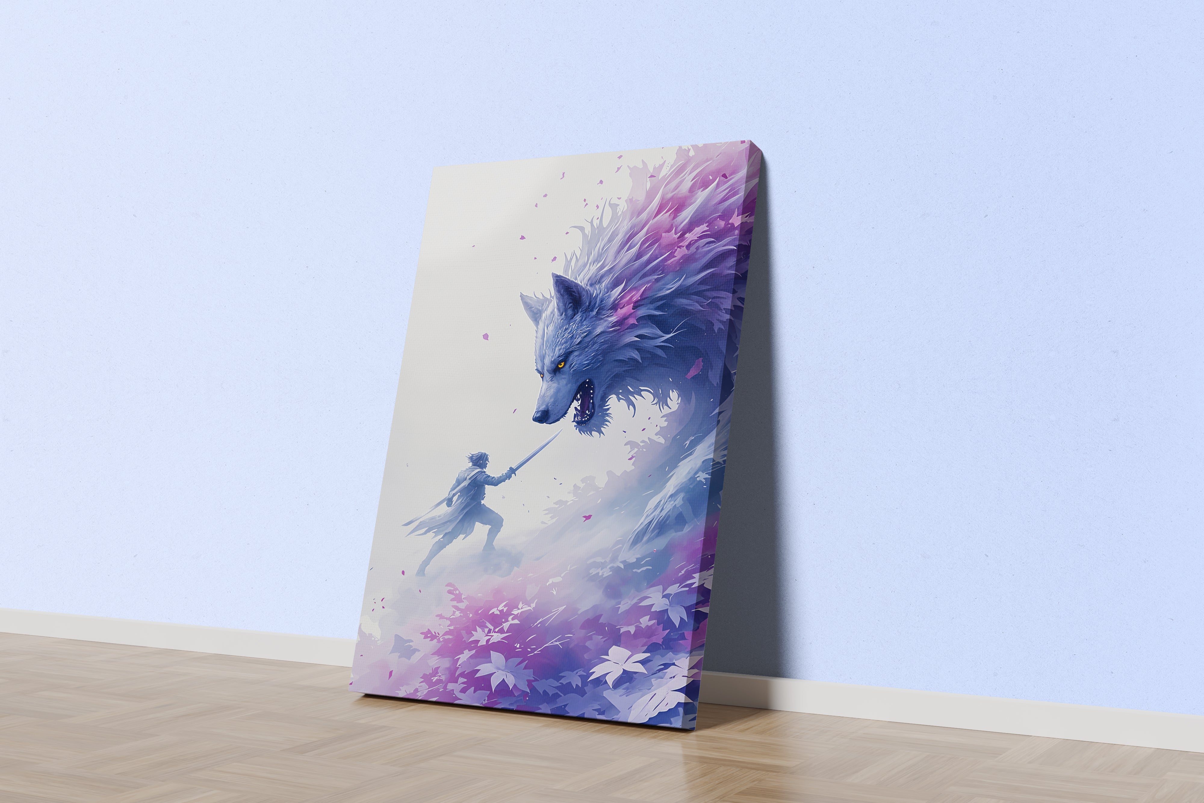 ai creation, swordsman vs wolf, pet, ai art, art, kanvas tablo