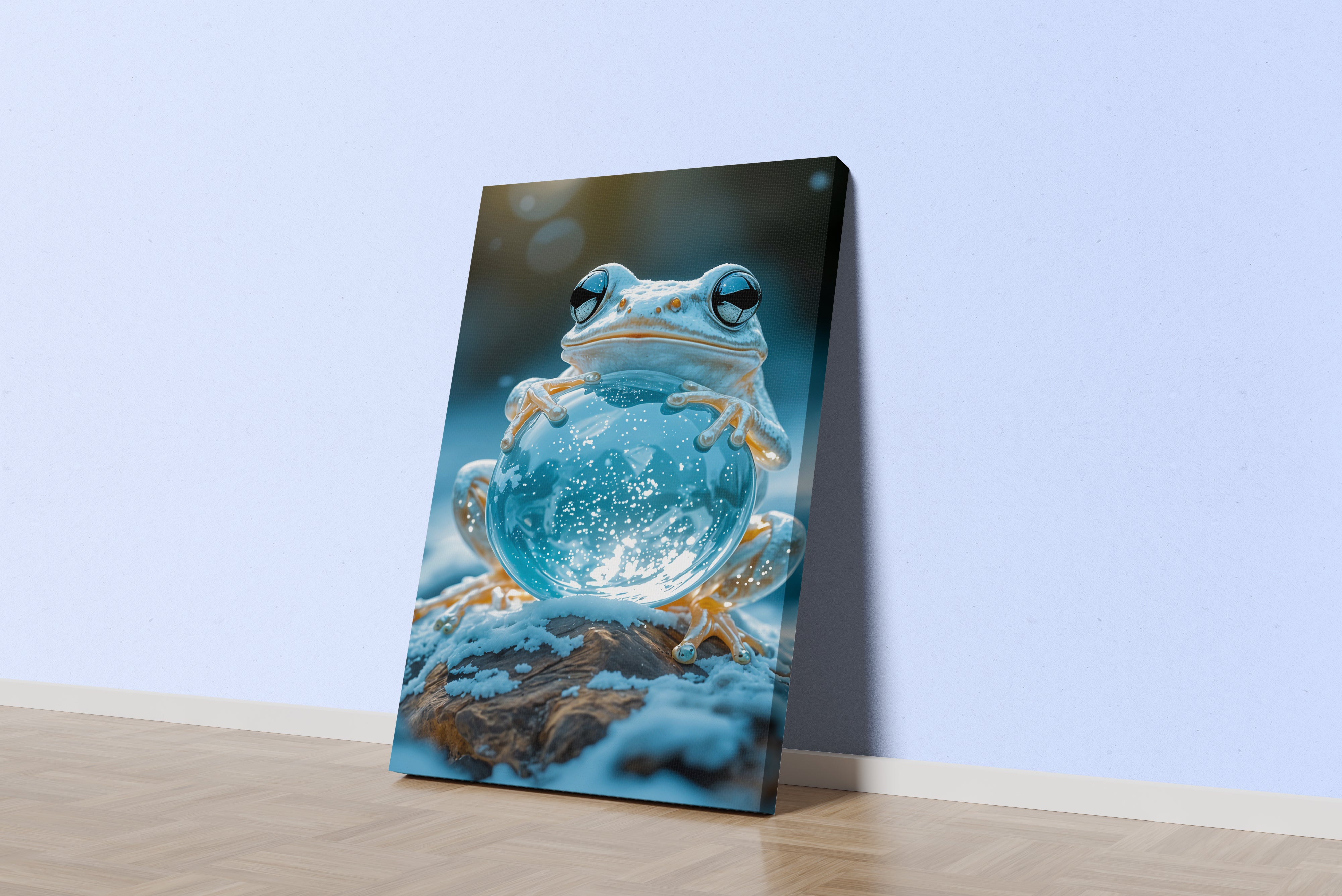 ai creation, frog leaning on snow globe, winter themed, ai art, art, kanvas tablo