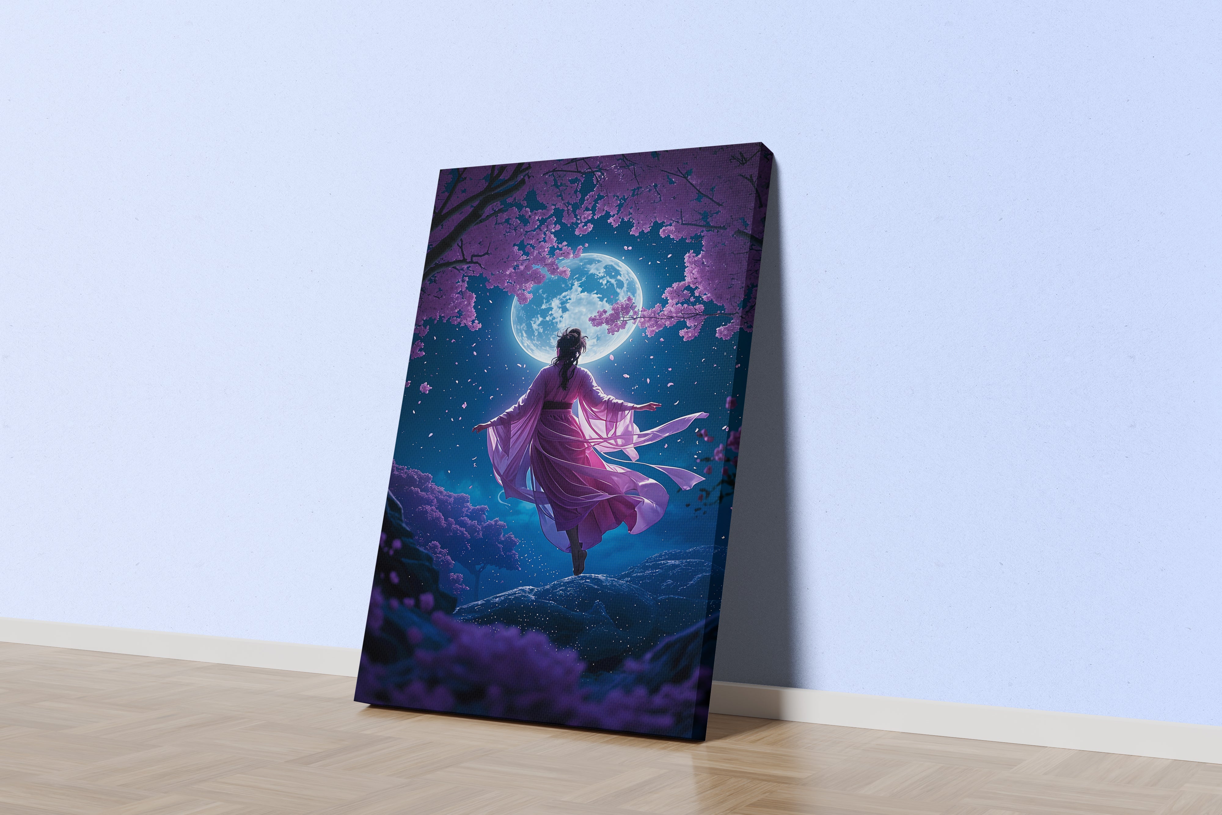 ai creation, a woman in a pink kimono under a full moon and cherry blossoms, ai art, art, kanvas tablo
