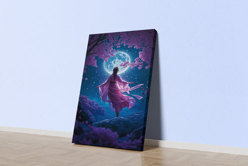 ai creation, a woman in a pink kimono under a full moon and cherry blossoms, ai art, art, kanvas tablo