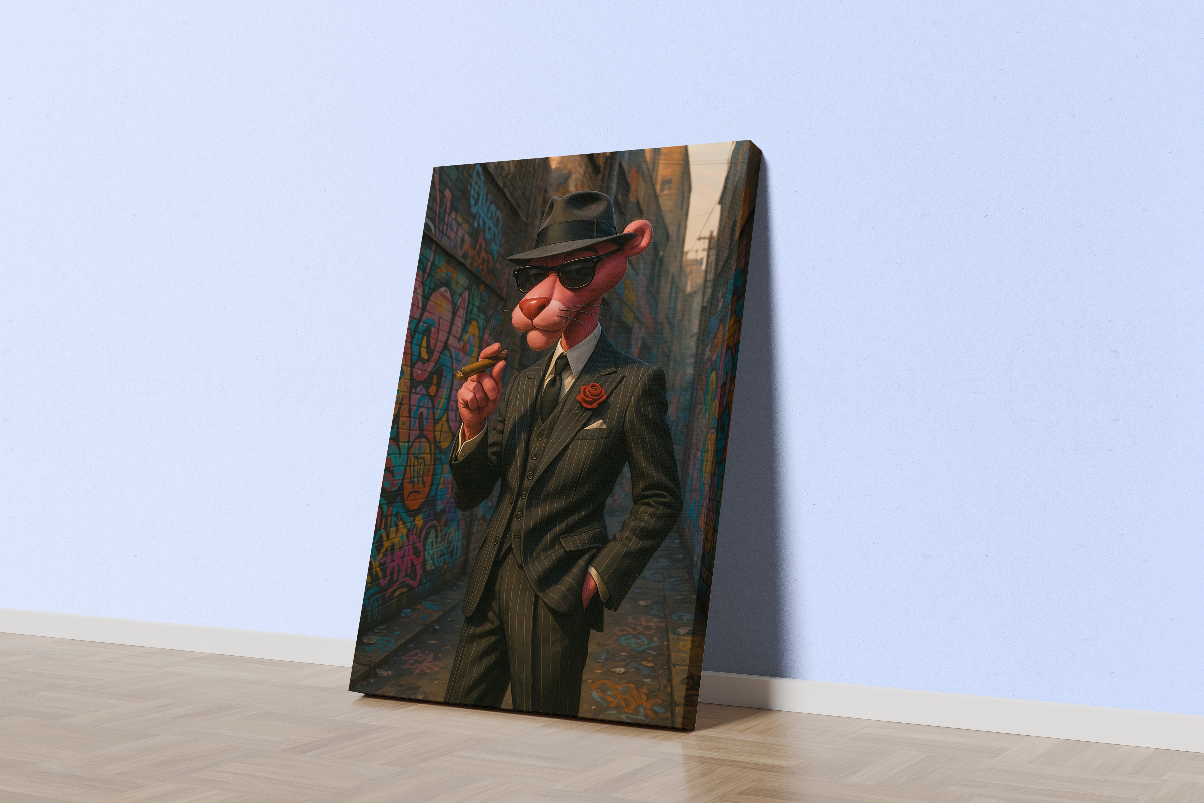 ai creation, pink panther in a suit, ai art, art, kanvas tablo