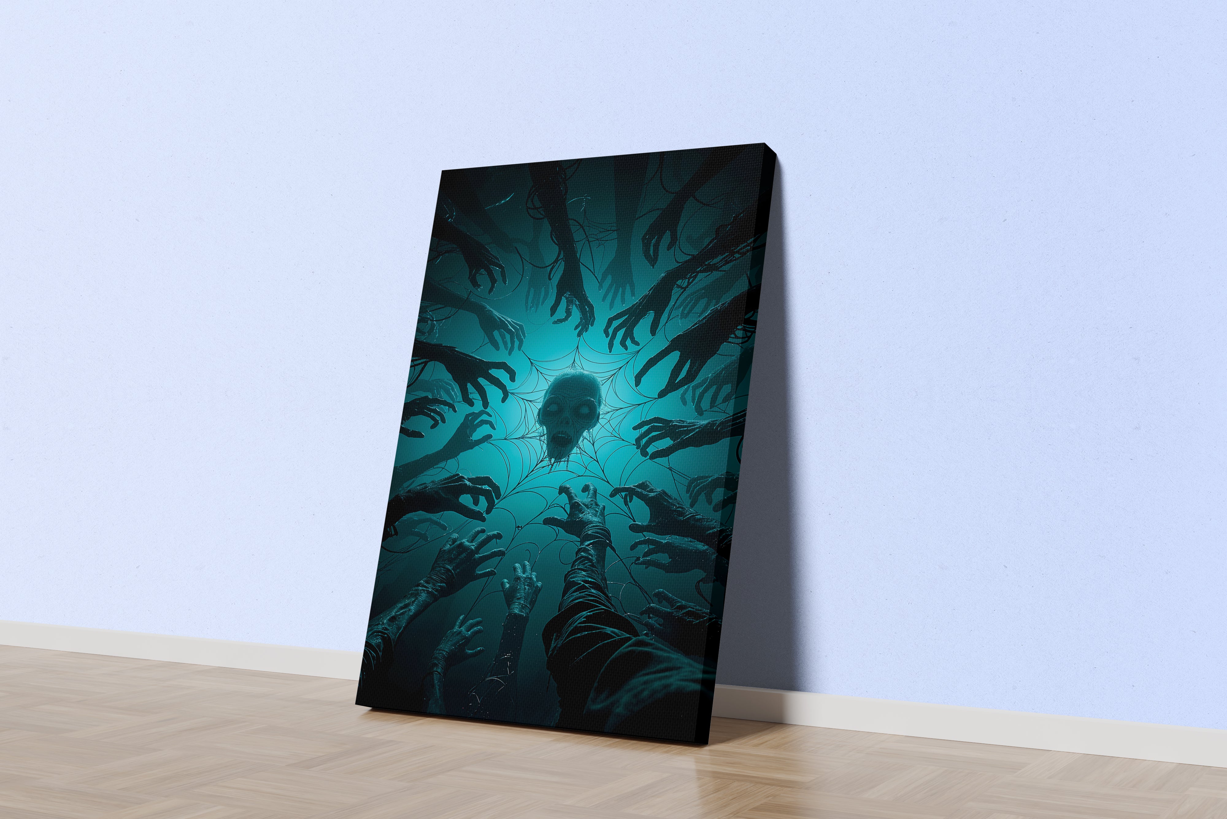 ai creation, hands wanting to pick up a skull caught in a spider web, ai art, art, kanvas tablo
