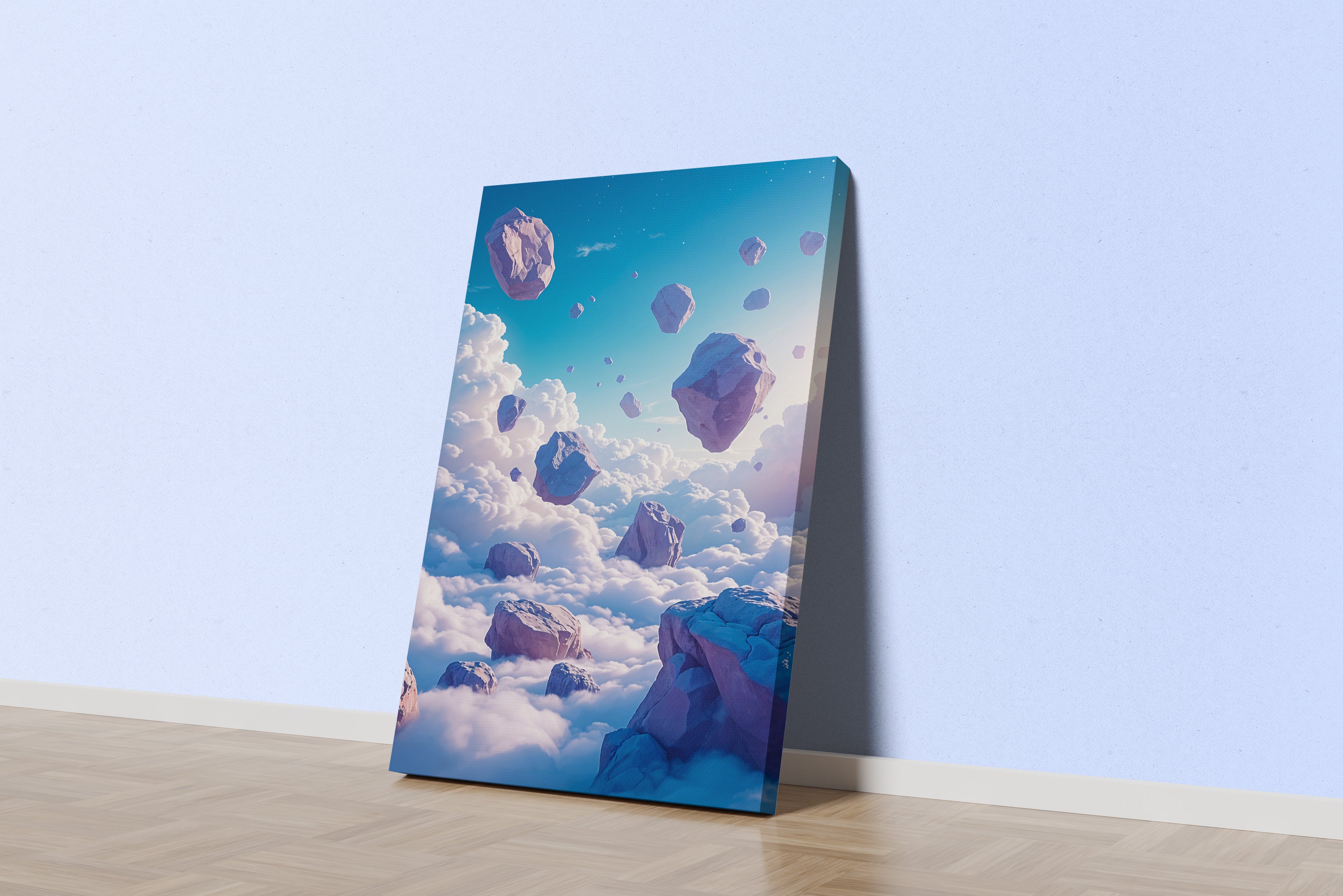 ai creation, large rock pieces flying above the clouds, ai art, art, kanvas tablo
