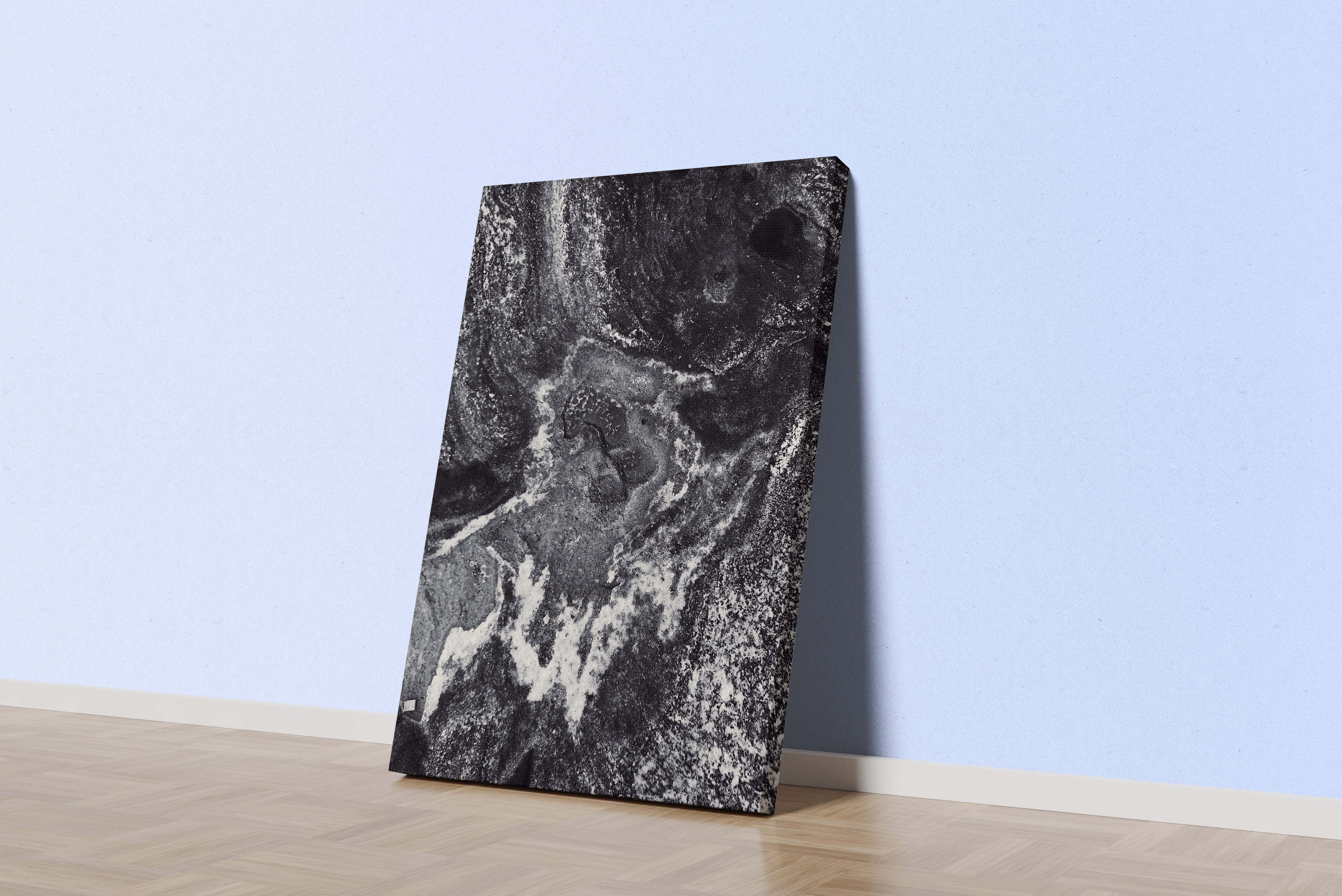 a highly detailed, textured black and white abstract image resembling a cosmic landscape, abstract, art, kanvas tablo