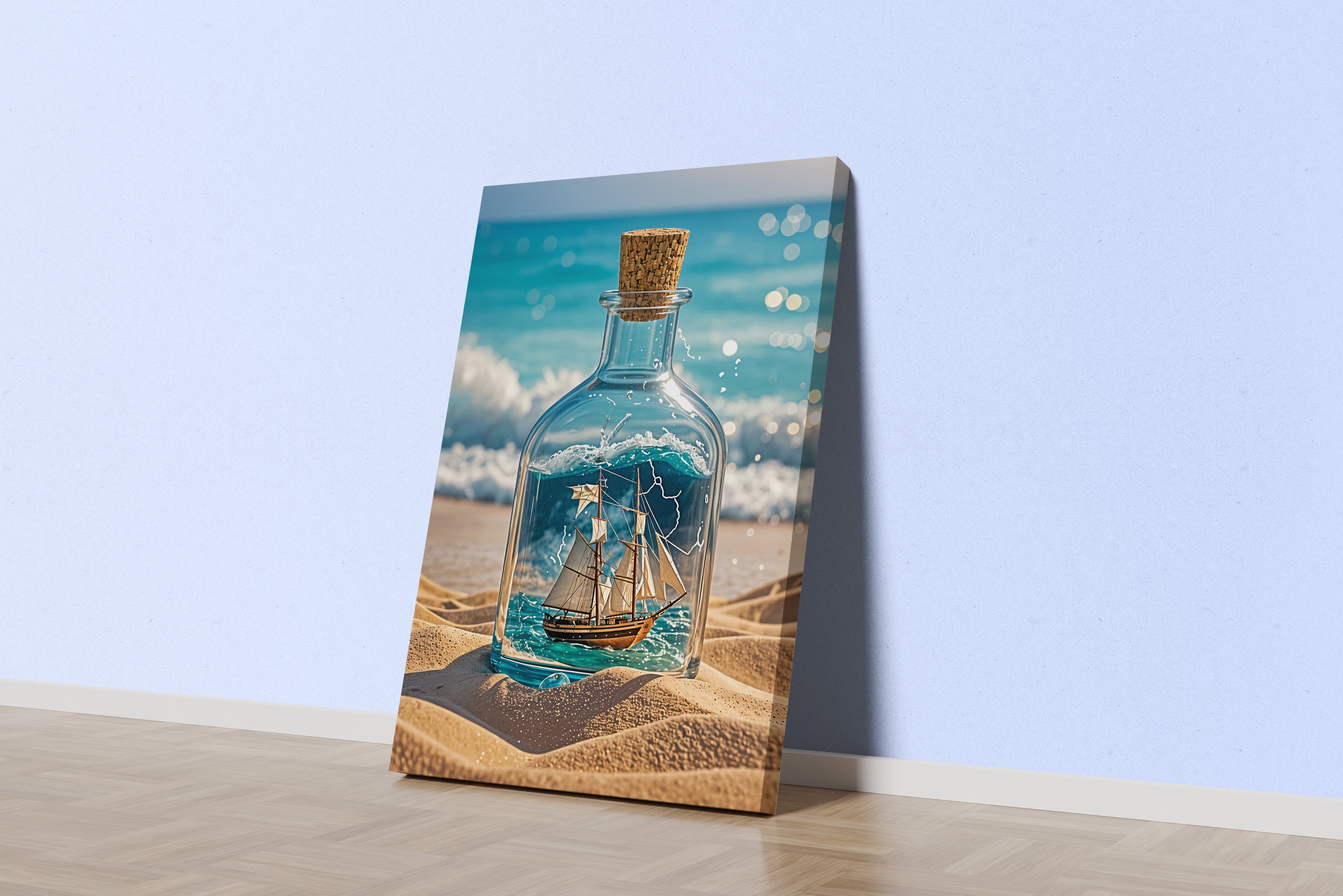 ai creation, a bottle washed up on the beach, a ship floating in the water inside the bottle, ai art, art, kanvas tablo