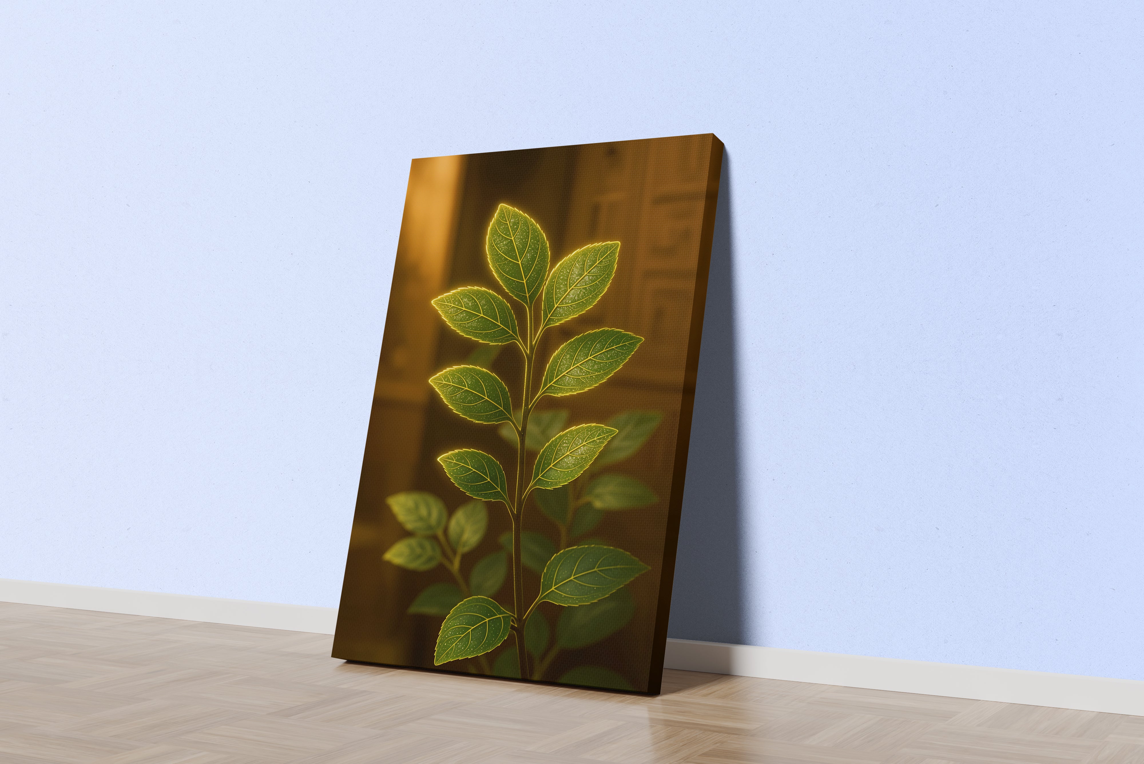 ai creation, flower motif, green shiny leaves, ai art, art, kanvas tablo