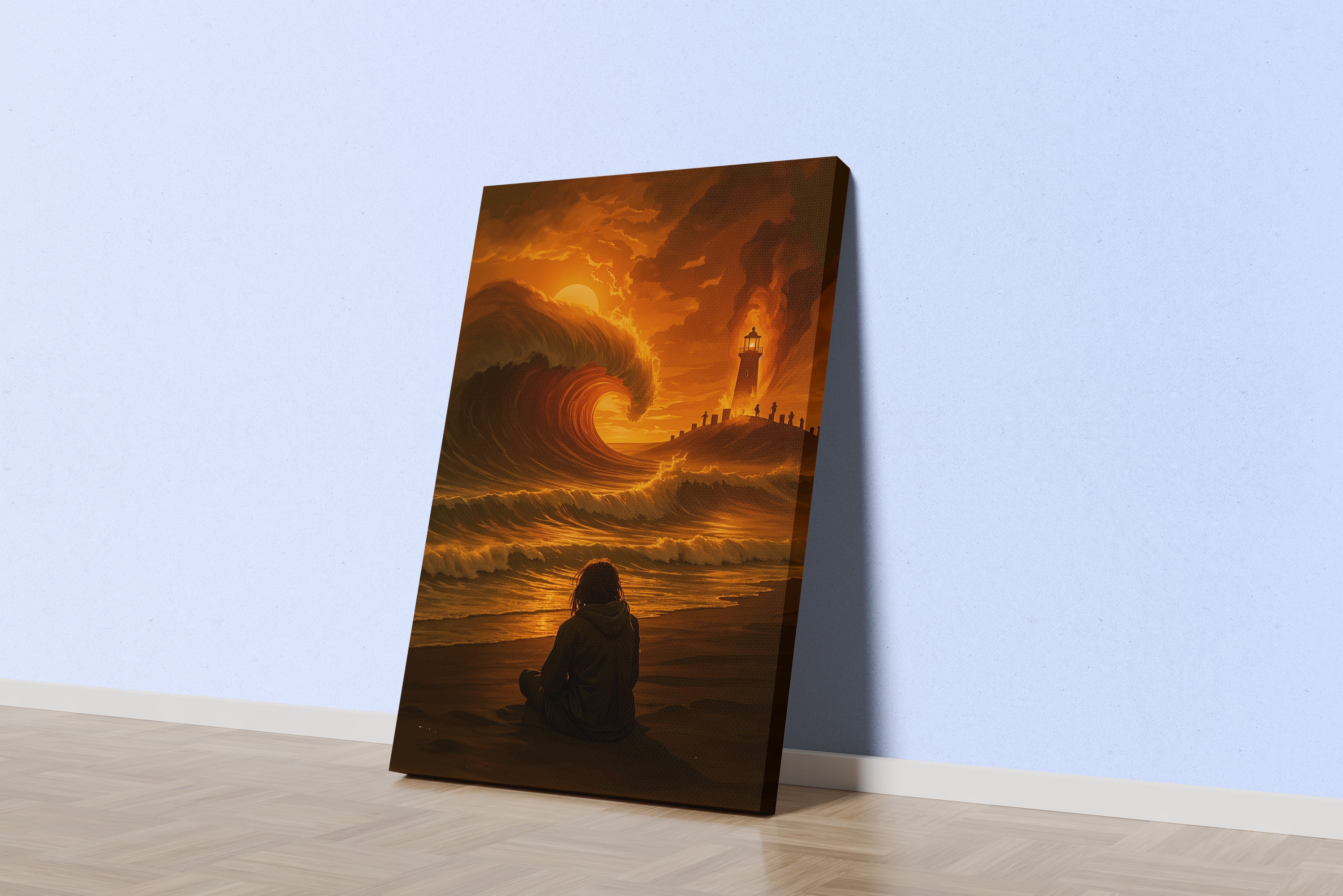 ai creation, girl watching giant waves crashing onto the beach fire themed, ai art, art, kanvas tablo