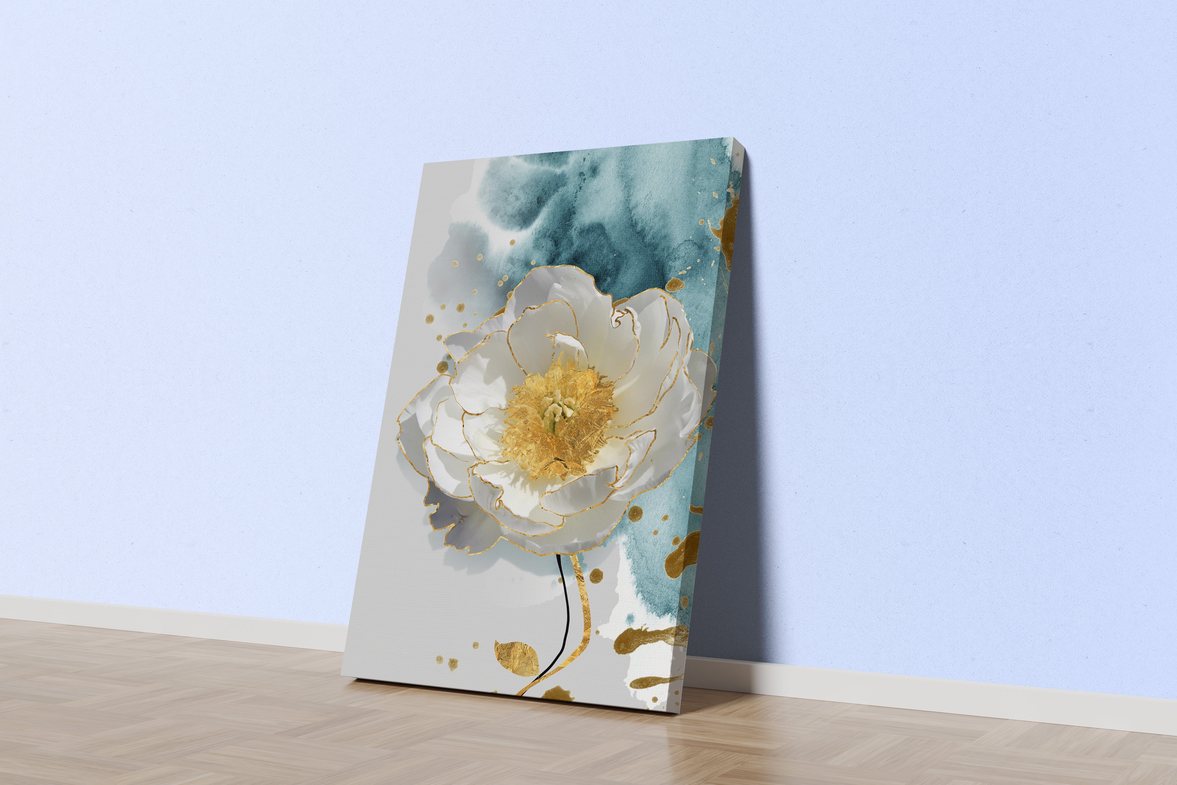 an elegant white flower with gold edges against a blue watercolor wash, art, kanvas tablo