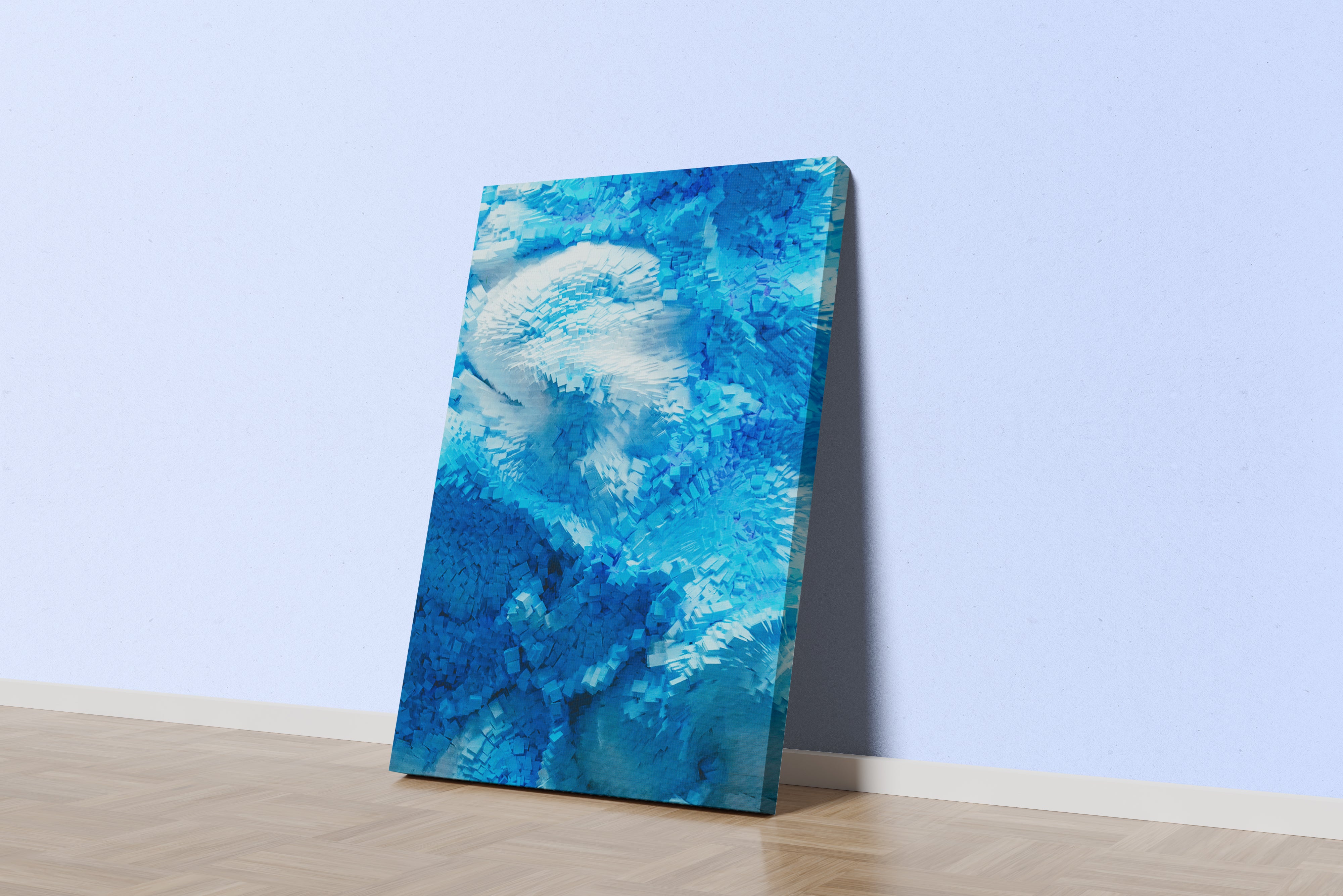 a digital abstract artwork showing an explosion of light blue three-dimensional pixel-like shapes, abstract, art, kanvas tablo