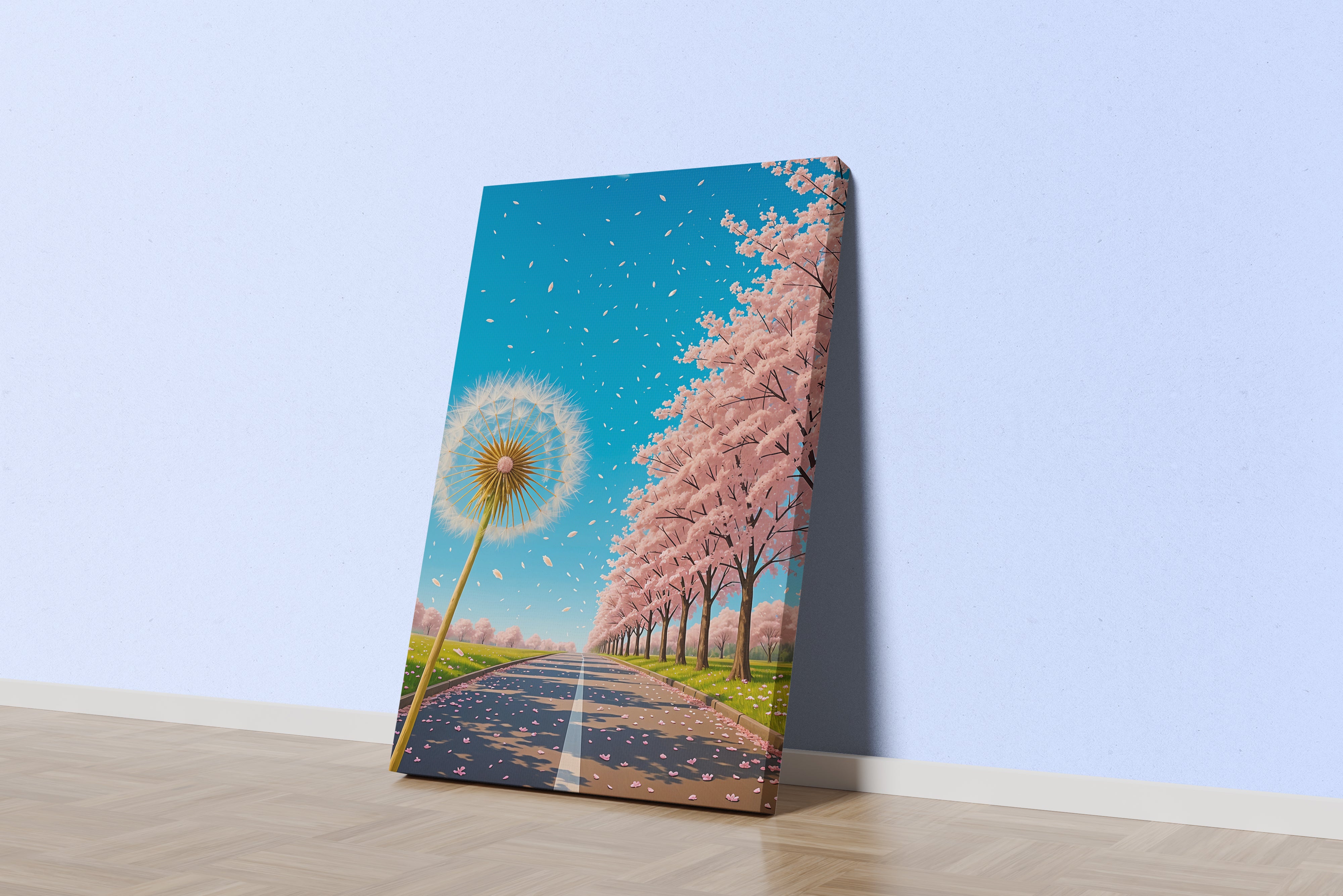 ai creation, a road decorated with soft pink trees with a dandelion, ai art, art, kanvas tablo