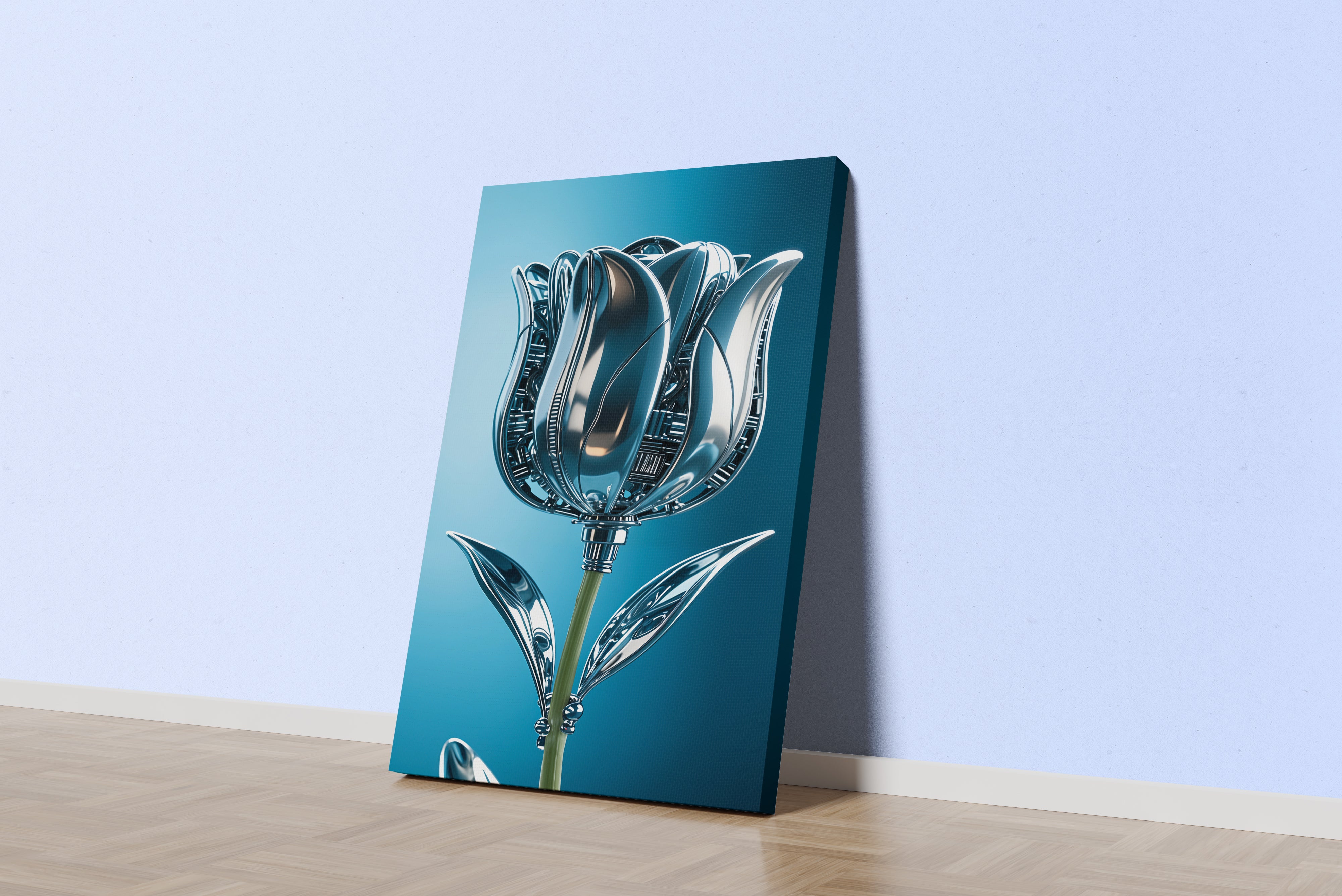 ai creation, the rose and its leaves are made of silver, in muted blue tones model 1, ai art, art, kanvas tablo