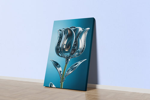 ai creation, the rose and its leaves are made of silver, in muted blue tones model 1, ai art, art, kanvas tablo