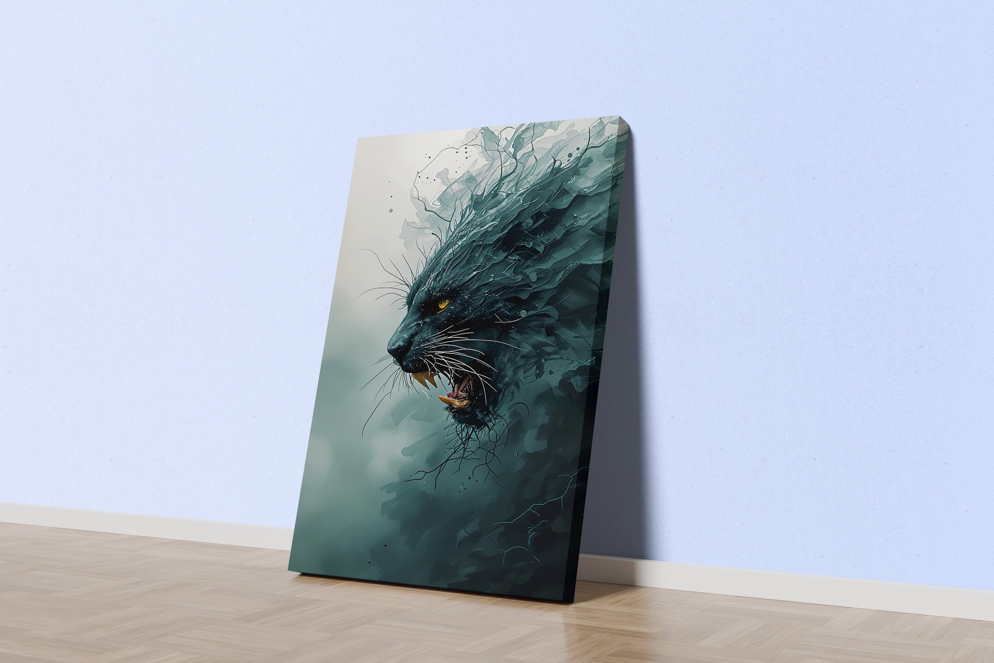 ai creation, black jaguar roaring through the darkness, ai art, art, kanvas tablo