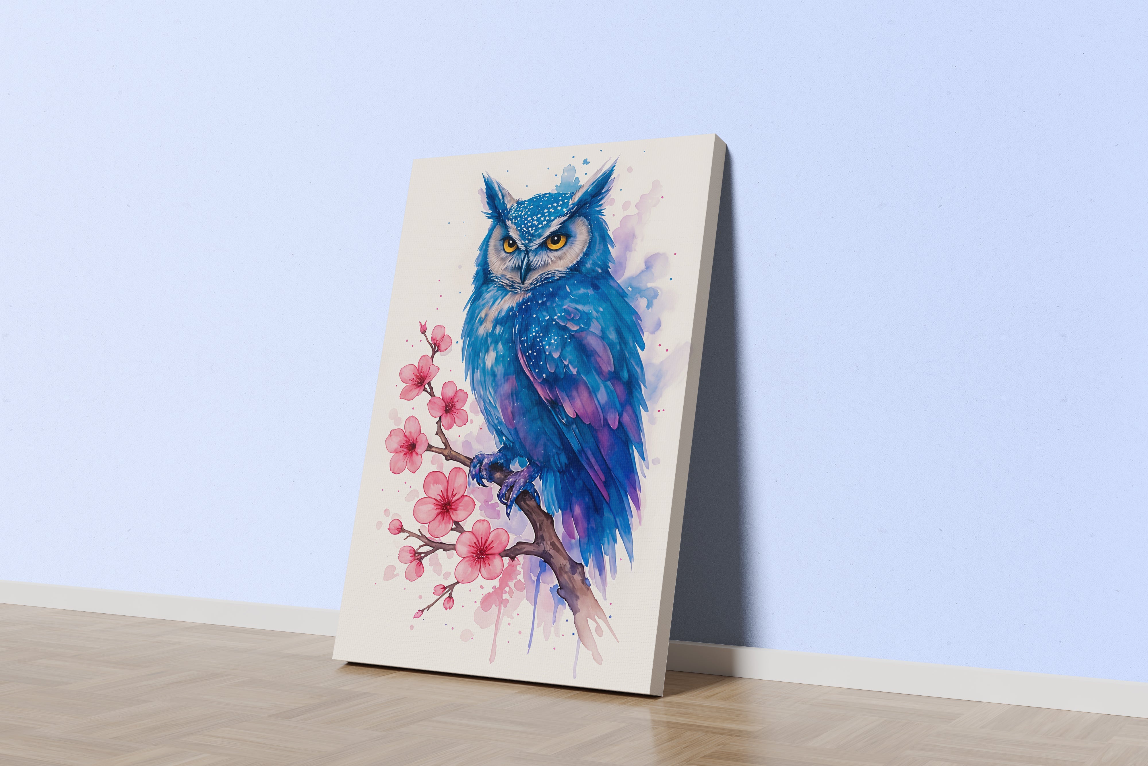 ai creation, blue toned owl standing on a branch, ai art, art, kanvas tablo