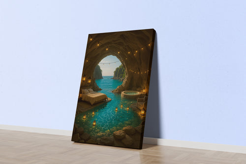 ai creation, hotel room inside the cave and sea view model 2, ai art, art, kanvas tablo