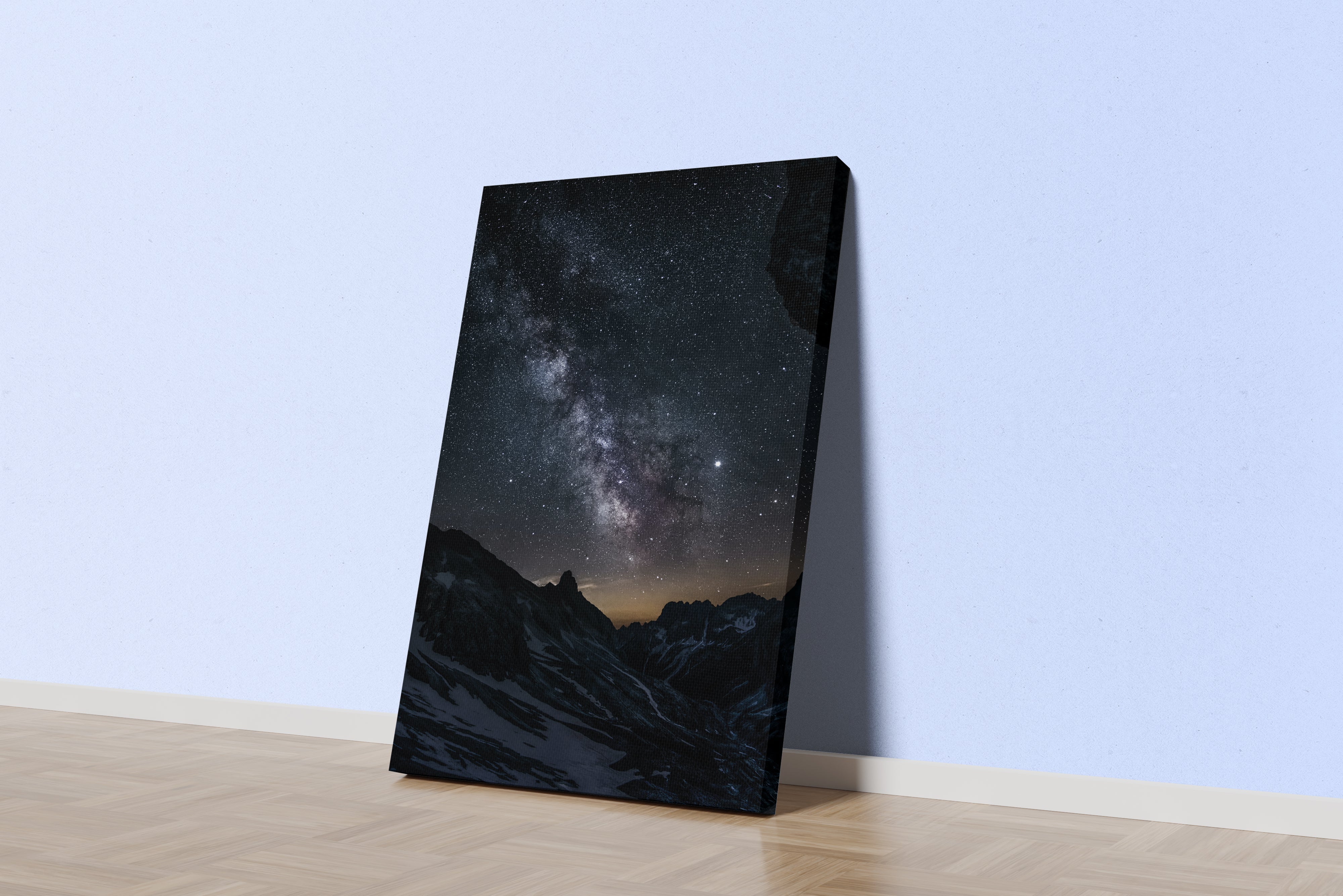 a stunning photograph of the milky way galaxy over a dark, snowy mountain range, abstract, art, kanvas tablo