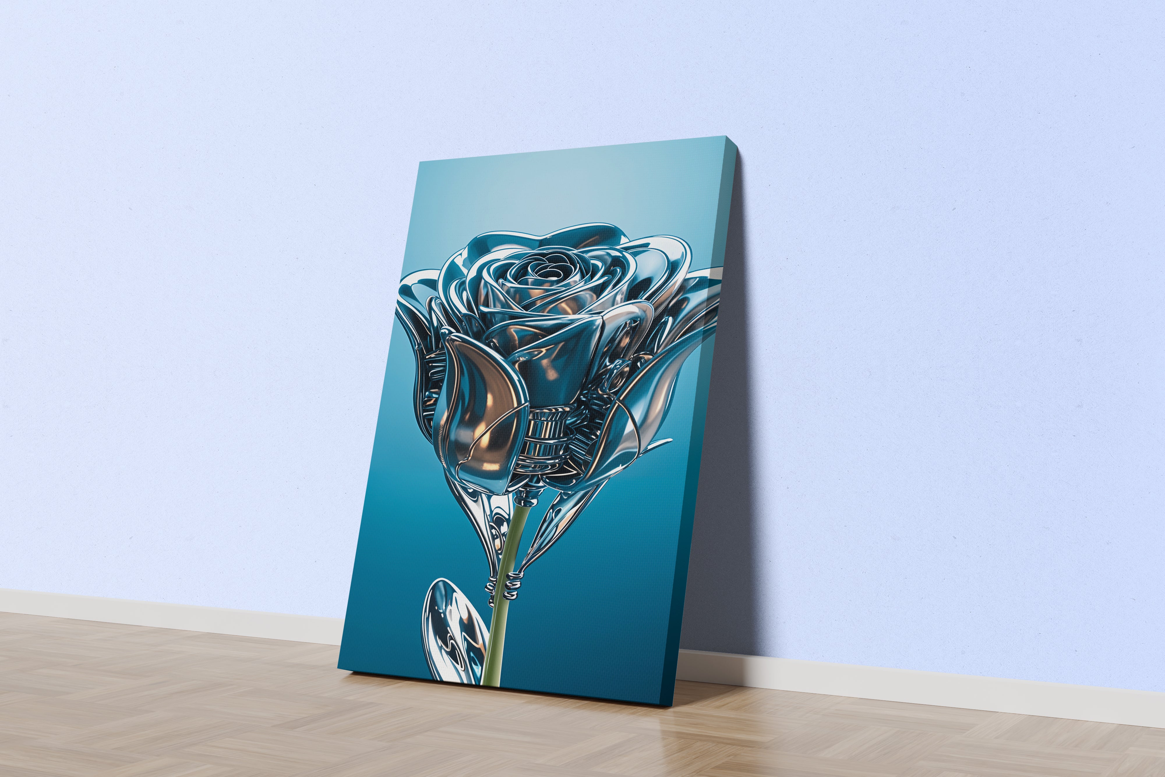 ai creation, the rose and its leaves are made of silver, in muted blue tones model 2, ai art, art, kanvas tablo
