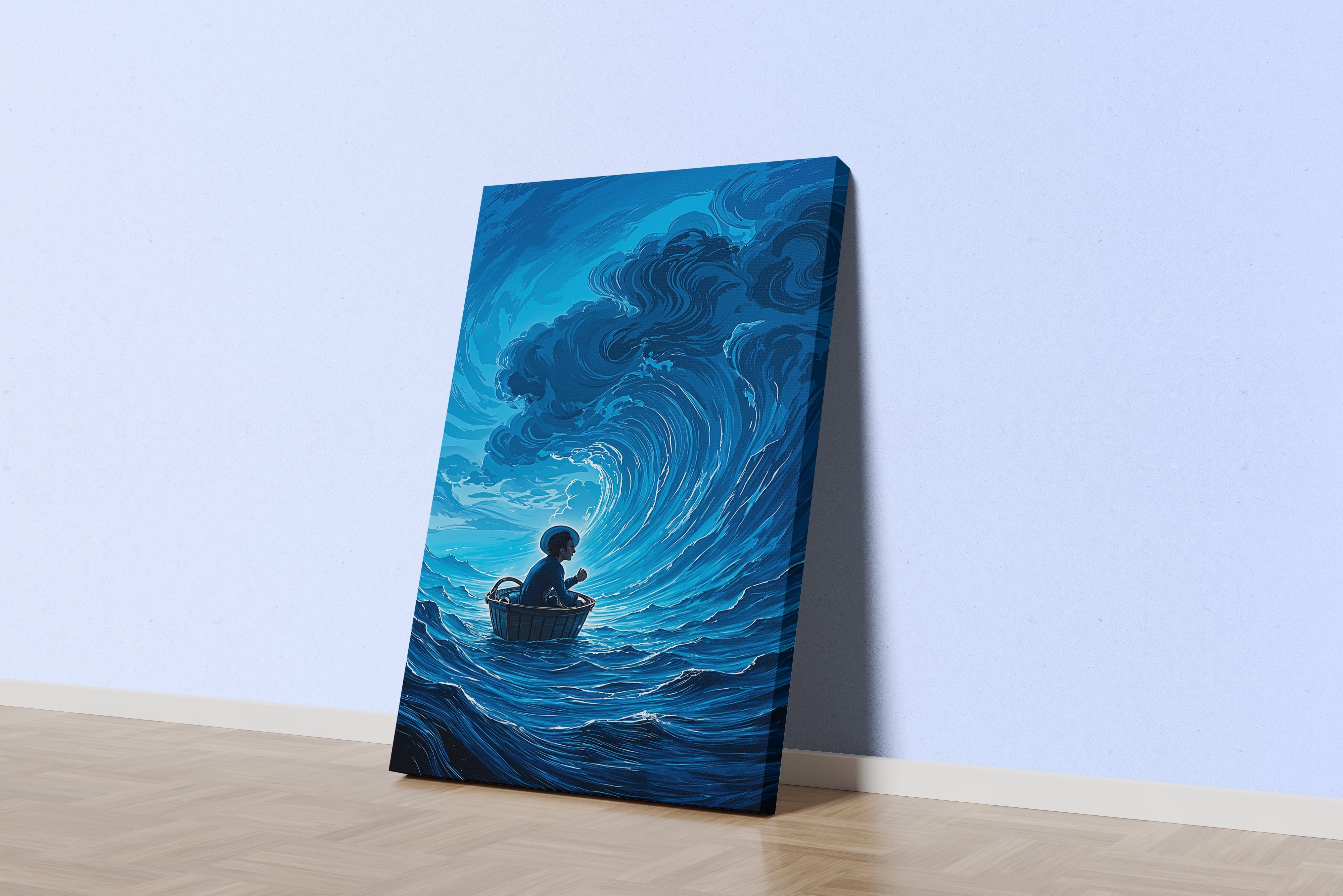 ai creation, a man sitting in a basket floating in giant waves, ai art, art, kanvas tablo
