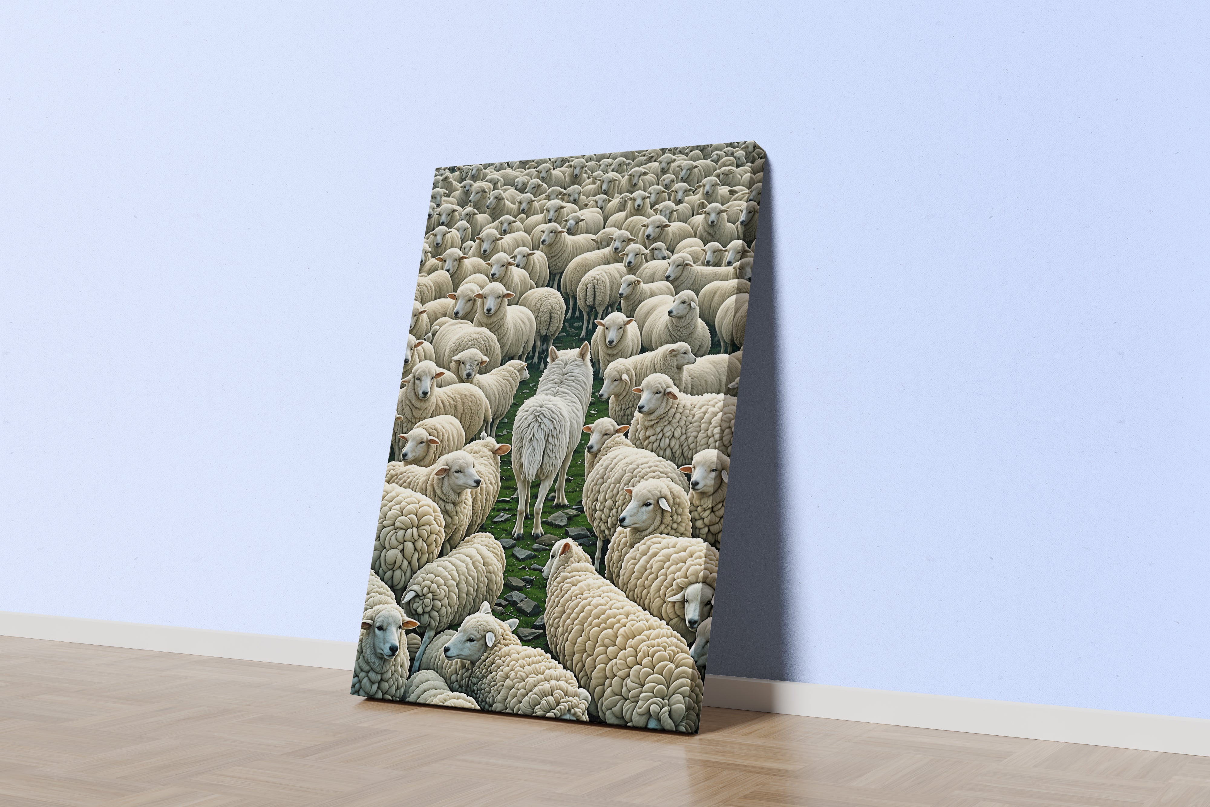 ai creation, the white wolf among the sheep, ai art, art, kanvas tablo