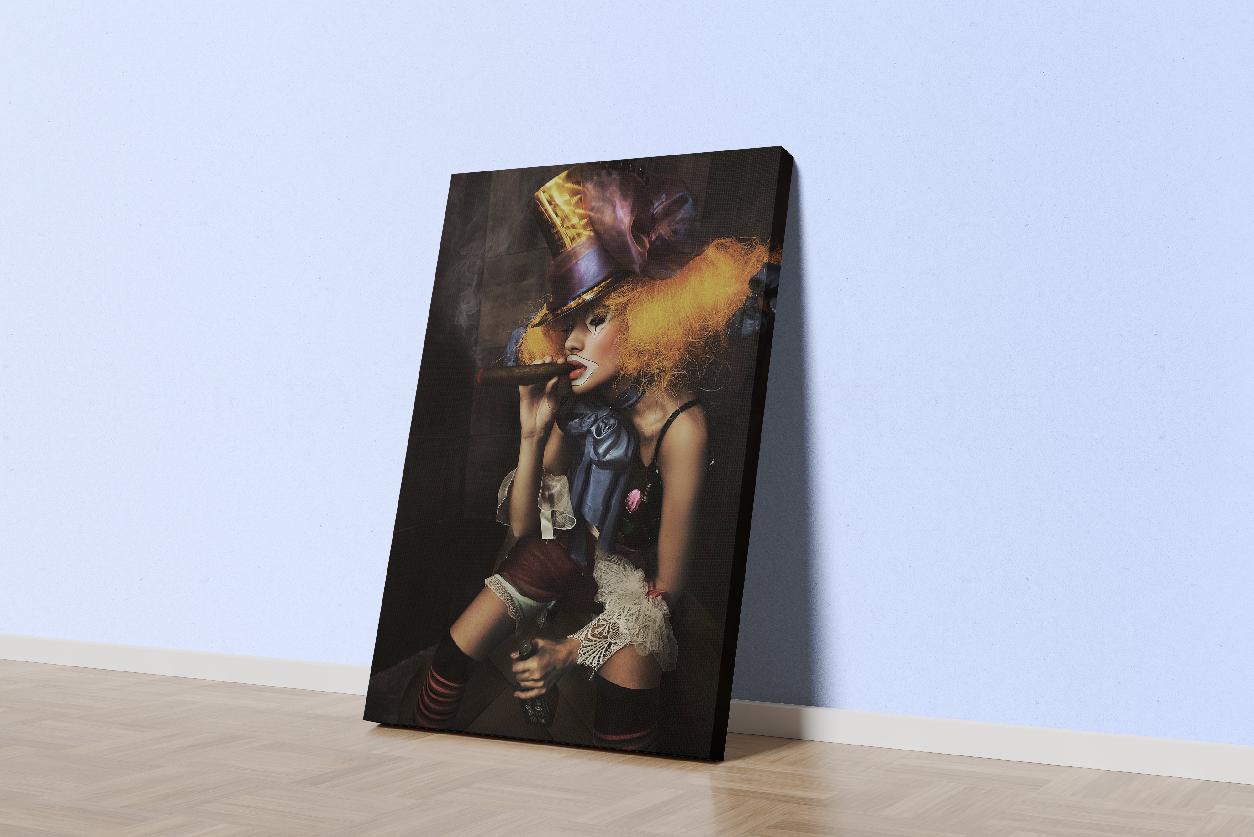 a decadent female clown with wild orange hair smoking a large cigar, art, kanvas tablo