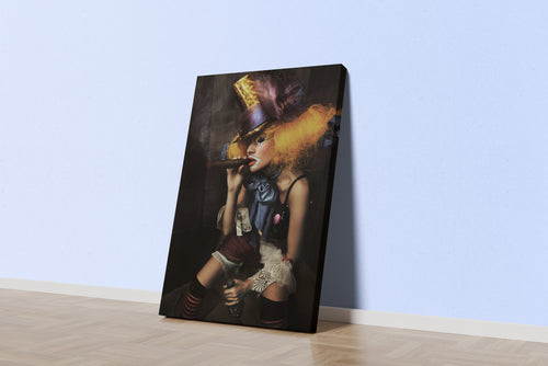 a decadent female clown with wild orange hair smoking a large cigar, art, kanvas tablo